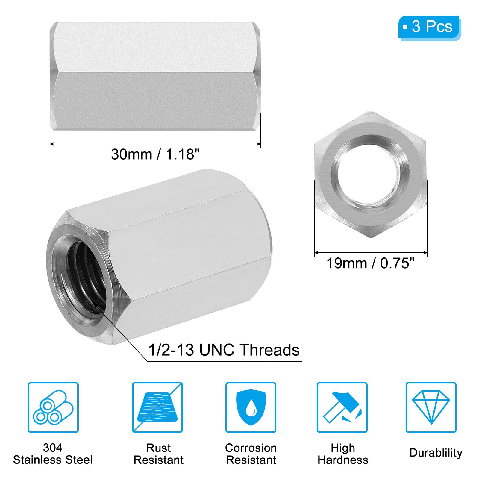 PATIKIL 1/2"-13 UNC 304 Stainless Steel Hex Coupling Nuts - Image 2