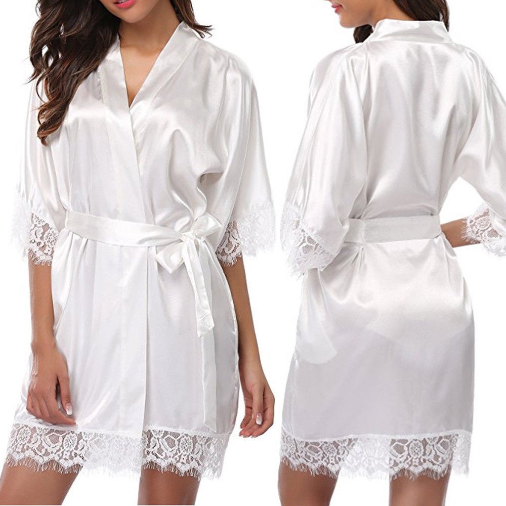 NUSGEAR Conjunto de camisón y Tanga Mujer satén de Dos Piezas Encaje Corto y Sexy Kimono Bata Mujer Bata Vestir de Satén Batas Novia Boda de Seda con Cinturón Ropa de Dormir Elegante