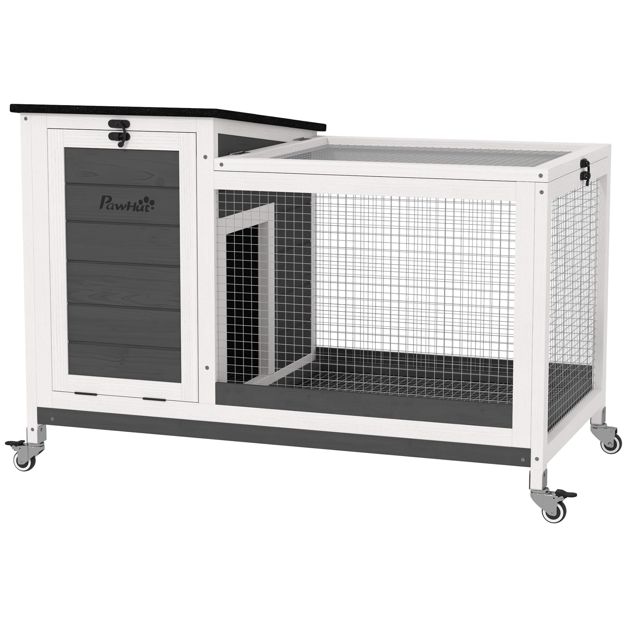 PawHut Conigliera da Esterno e Interno a Rotelle per 1-2 Conigli con Vassoio Estraibile e Ingressi Multipli, Casetta per Conigli in Legno di Abete e Acciaio, 91x51x66 cm, Grigio Bianco e Nero