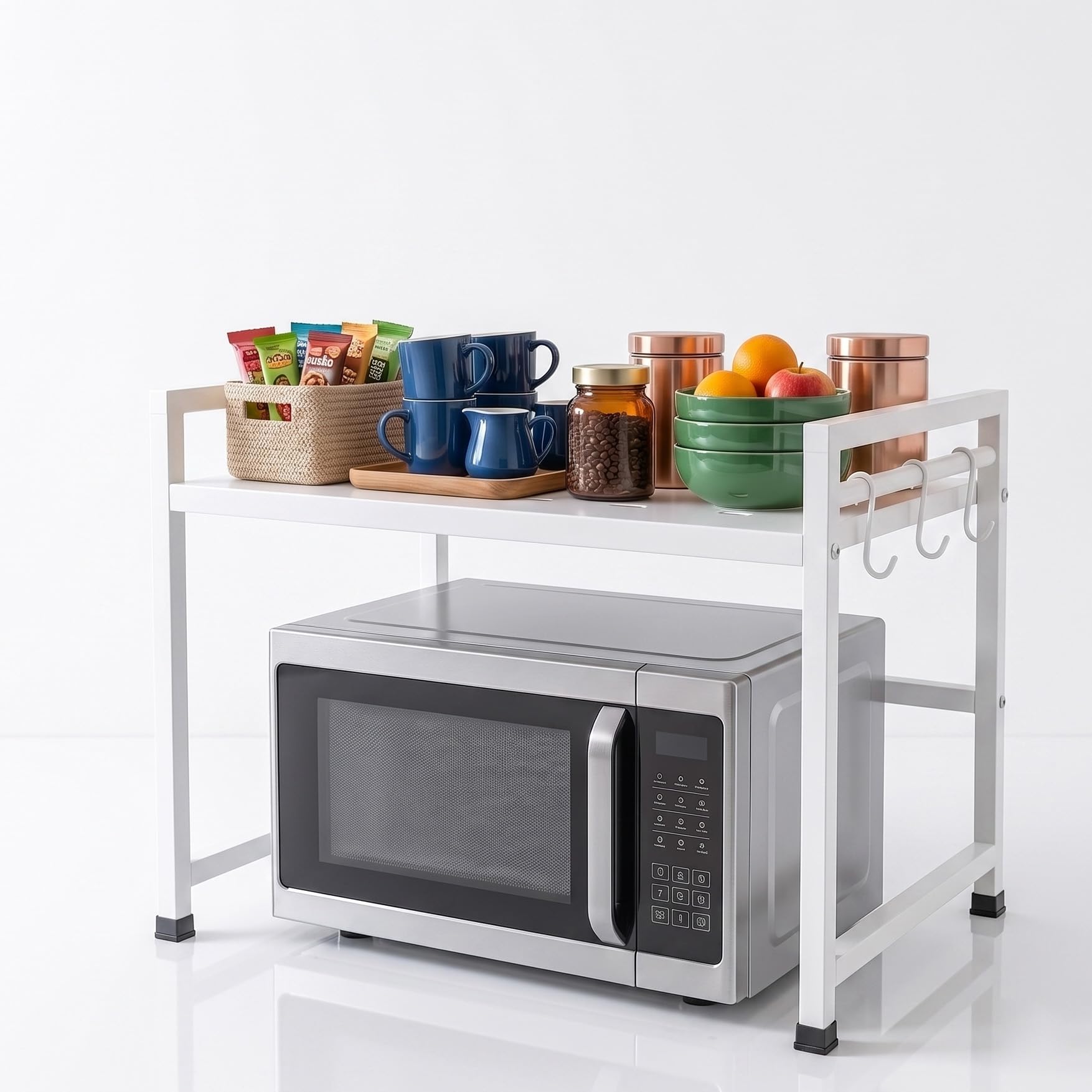 Microwave Oven Stand for Kitchen | 2 Tier Microwave Rack with Storage Shelf & Hanging Hooks | Multipurpose Kitchen Organizer Rack for Microwave Oven, Utensils & Accessories | White-image-45