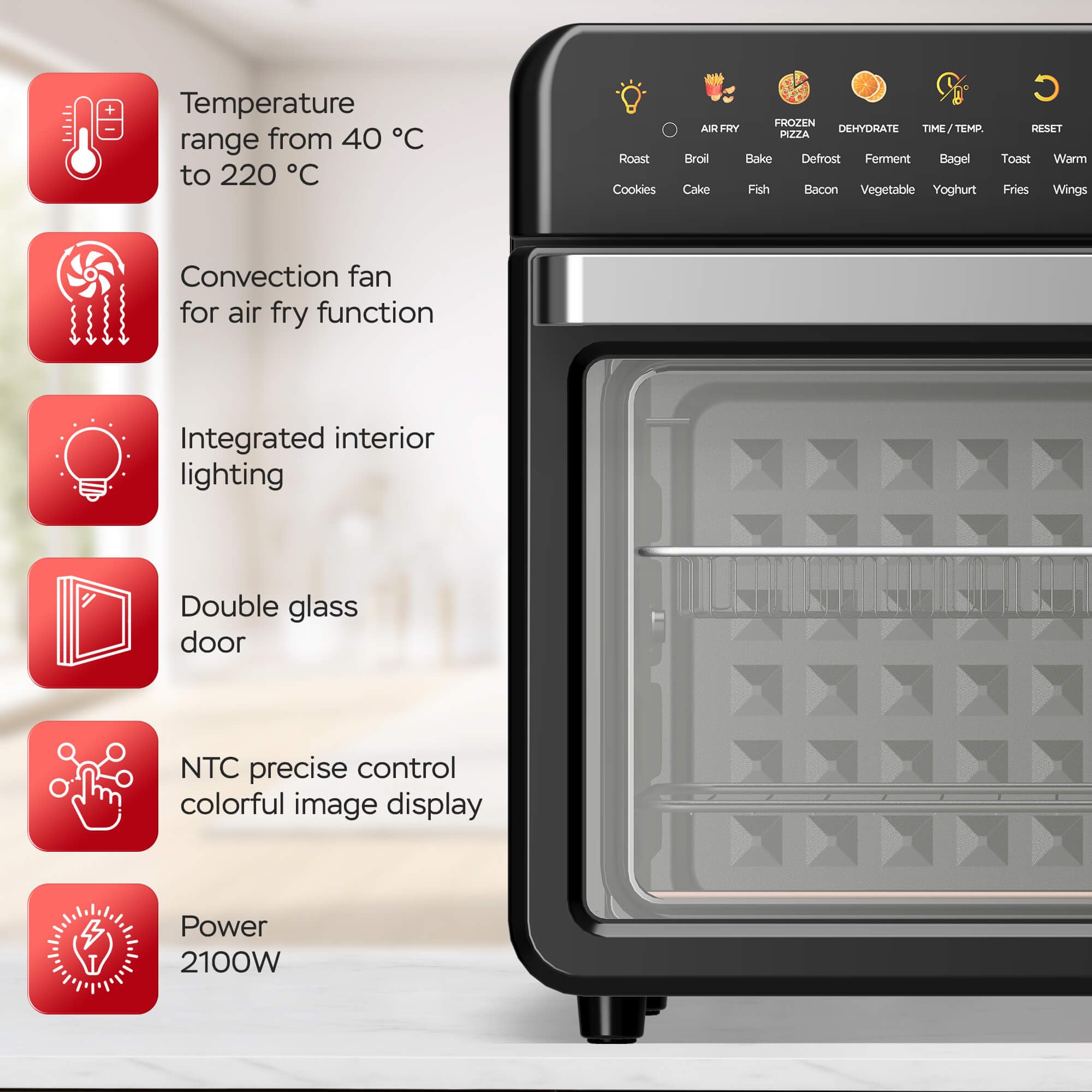 TurboTronic Multi-Smart-Ofen - 19in1 Heißluftofen & Heißluftfritteuse 2100W Power 34L bis 0,5 kg Pommes Mini-Backofen mit Dörrfunktion 40-230°C Grill Airfryer Dörrautomat schwarz