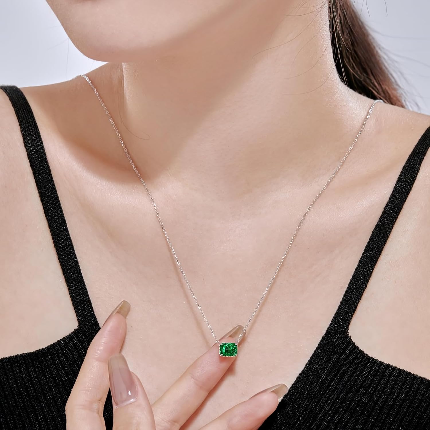 Emerald Necklaces for Women 18K White Gold Plated Silver Crushed Ice Green Emerald Pendant Necklaces, May Birthstone 18+2" - Image 3