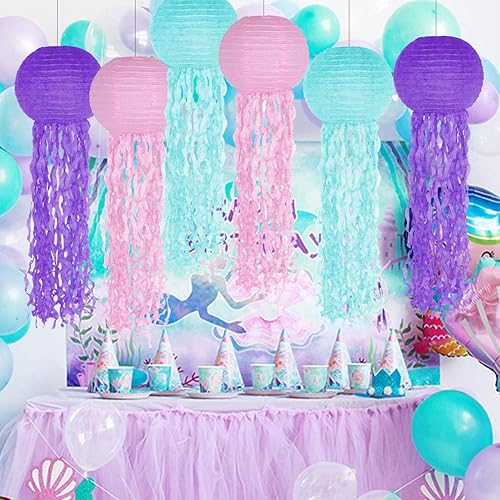 Miniatura 5 de Juego de 6 faroles colgantes de papel de gelatina de pez rosa, morado y azul para decoración de fiesta de cumpleaños bajo el mar y el océano