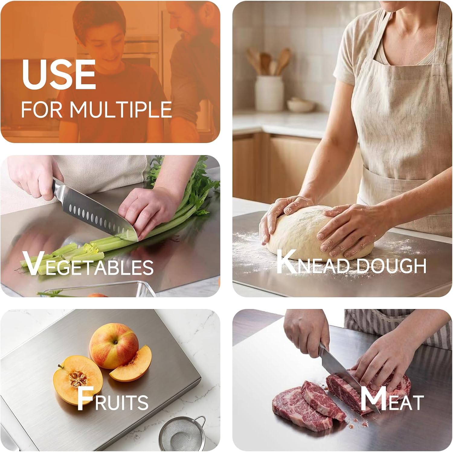 304 Stainless Steel Cutting Board for Kitchen with Counter Lip & Non-slip Mat, Double-Sided Metal Chopping Board for Meat, Vegetables, Fruits, Bread and Baking, Dishwasher Safe