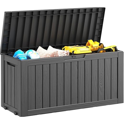 NUNU LAB 75 Gallon Outdoor Storage Box,Large Resin Sturdy Deck Box, Backyard Outside Storage Box Waterproof with Double Wall Panels,Package Delivery Garden Hose Storage Bin Outdoor Tool