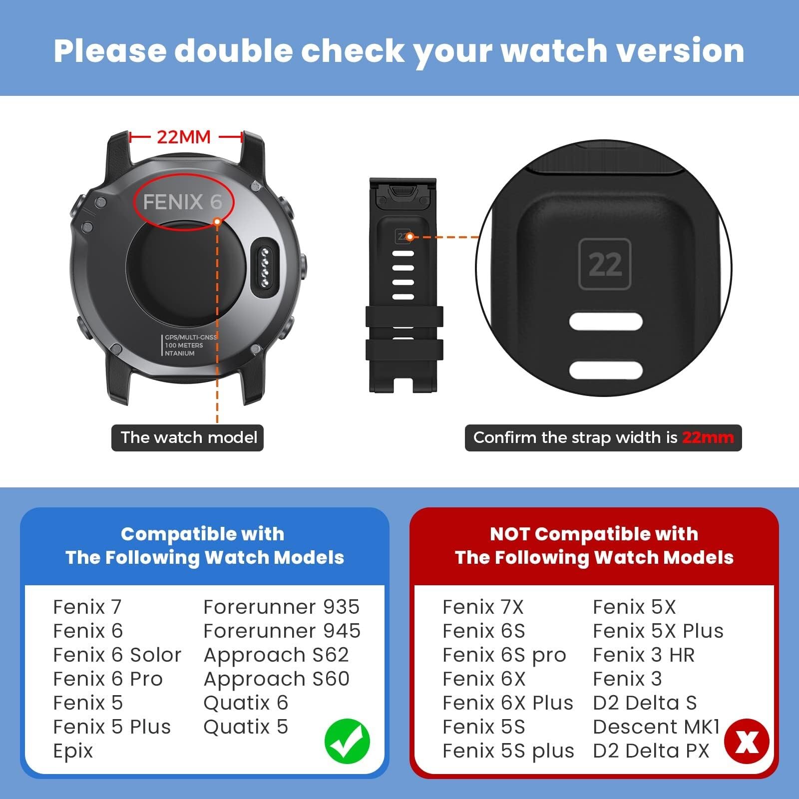 Wtukmo 22mm Silicone Watch Bands For Fenix 8/Fenix 7/Fenix 6/ Fenix 5/Fenix 5 Plus/Fenix 6 Pro