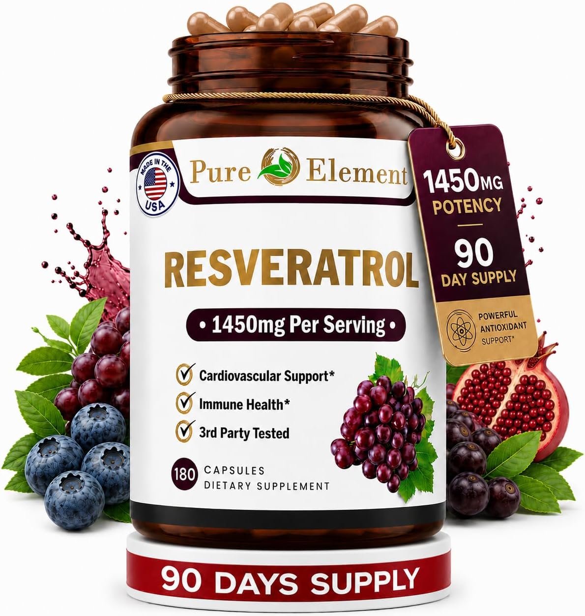 Pure O Elements Resveratrol 1450mg Extra Strength Formula to Promote Better Skin and Immunity with Green Tea, Grape Seed Ext,Red Wine Extract and Others 90 Days Supply