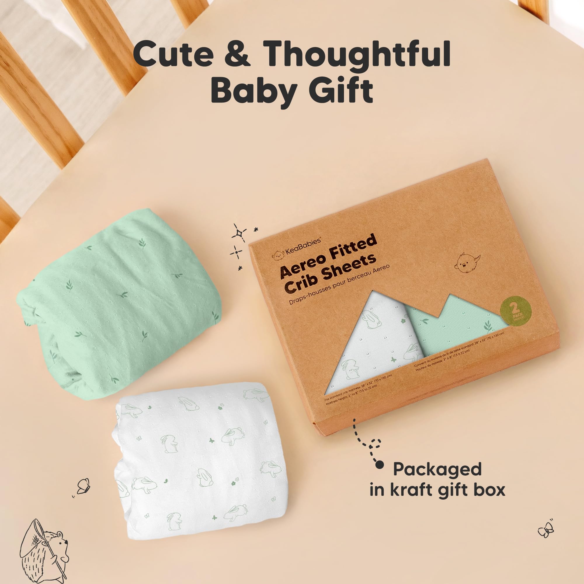 KeaBabies Confezione da 2 lenzuola con angoli per culla per ragazzi, ragazze, bambini, in morbida viscosa di bambù, 132 x 28 cm, coprimaterasso standard per culla per bambini, neutro, traspirante