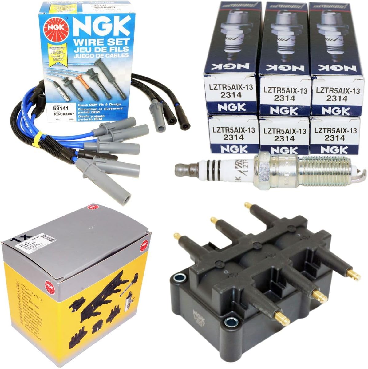 NGK DIS Ignition Coil (1) Spark Plug Wire Set (1) & Iridium IX Spark Plugs (6) Kit Compatible with Jeep Wrangler 2007-2011 3.8L V6