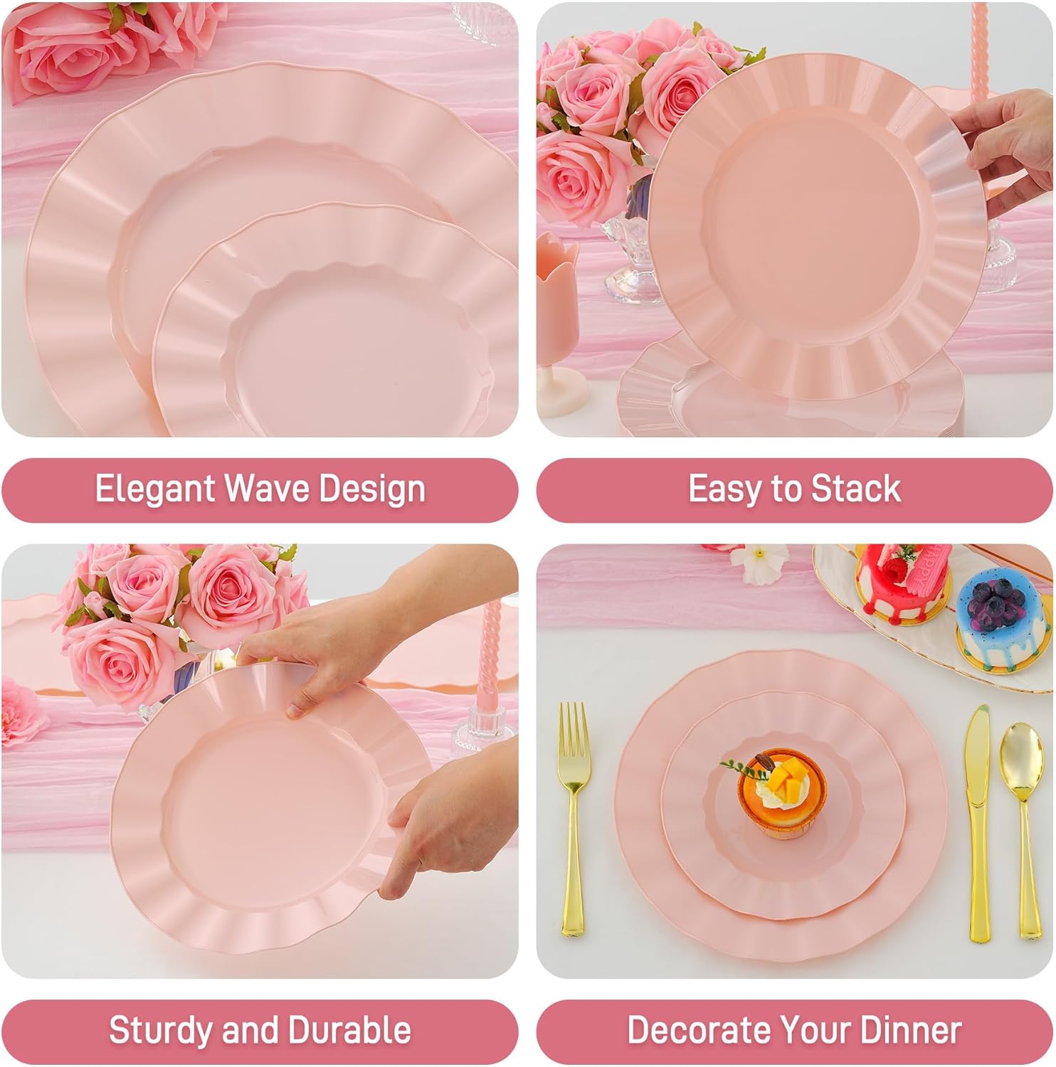 60Pcs Premium Pink Plates Disposable, Fancy Plastic Disposable Plate, Elegant Wedding Plates Set include 30 Dinner & 30 Dessert Plates for Easter Spring Party(30Guests)