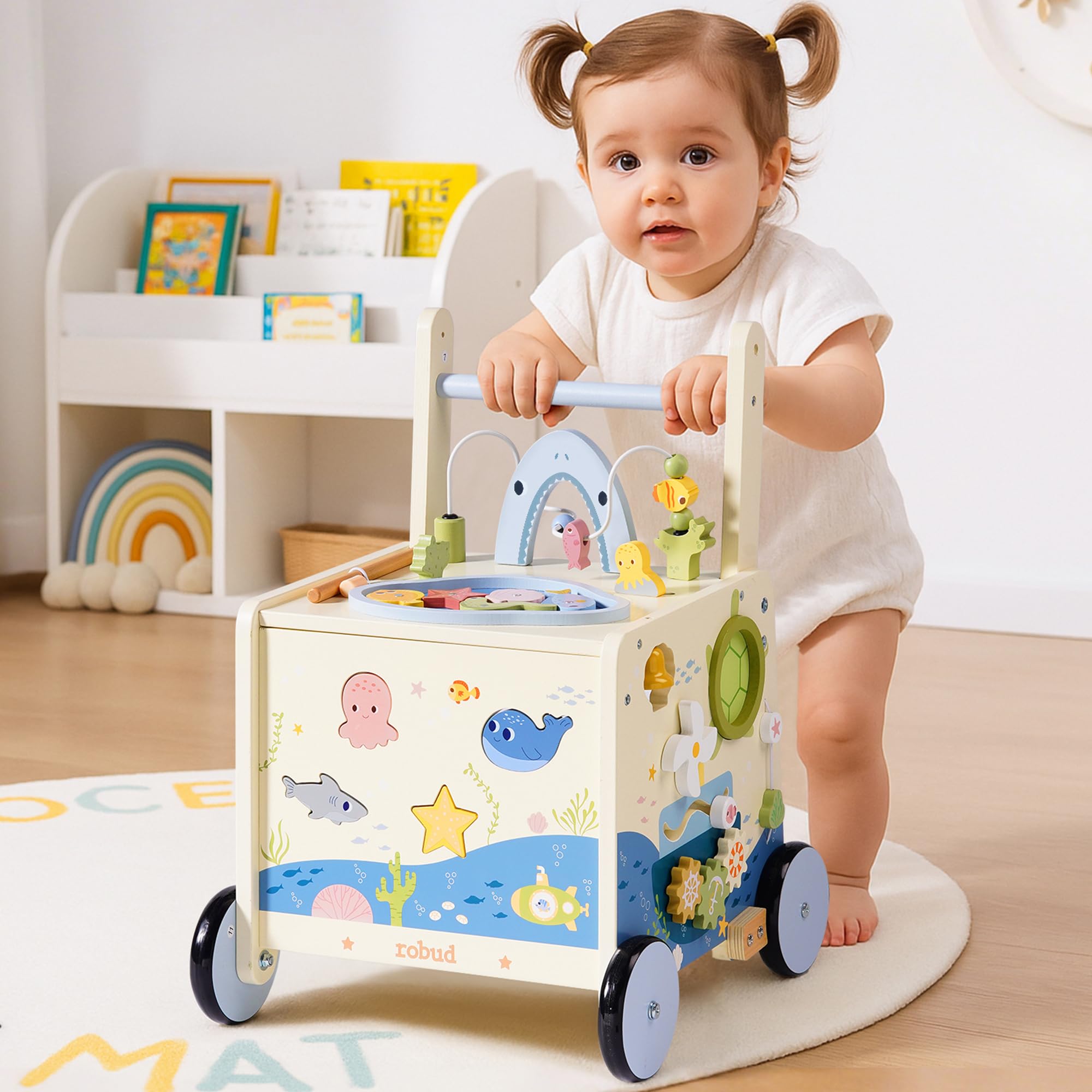 Photo 1 of ***FACTORY SEALED - OPENED FOR INSPECTION***ROBUD Wooden Baby Push Walker, Marine Theme Learning Walking Toys, Adjustable Height Baby Walker with Decelerator, Montessori Toys for Baby Age 10 Months+, WRP23