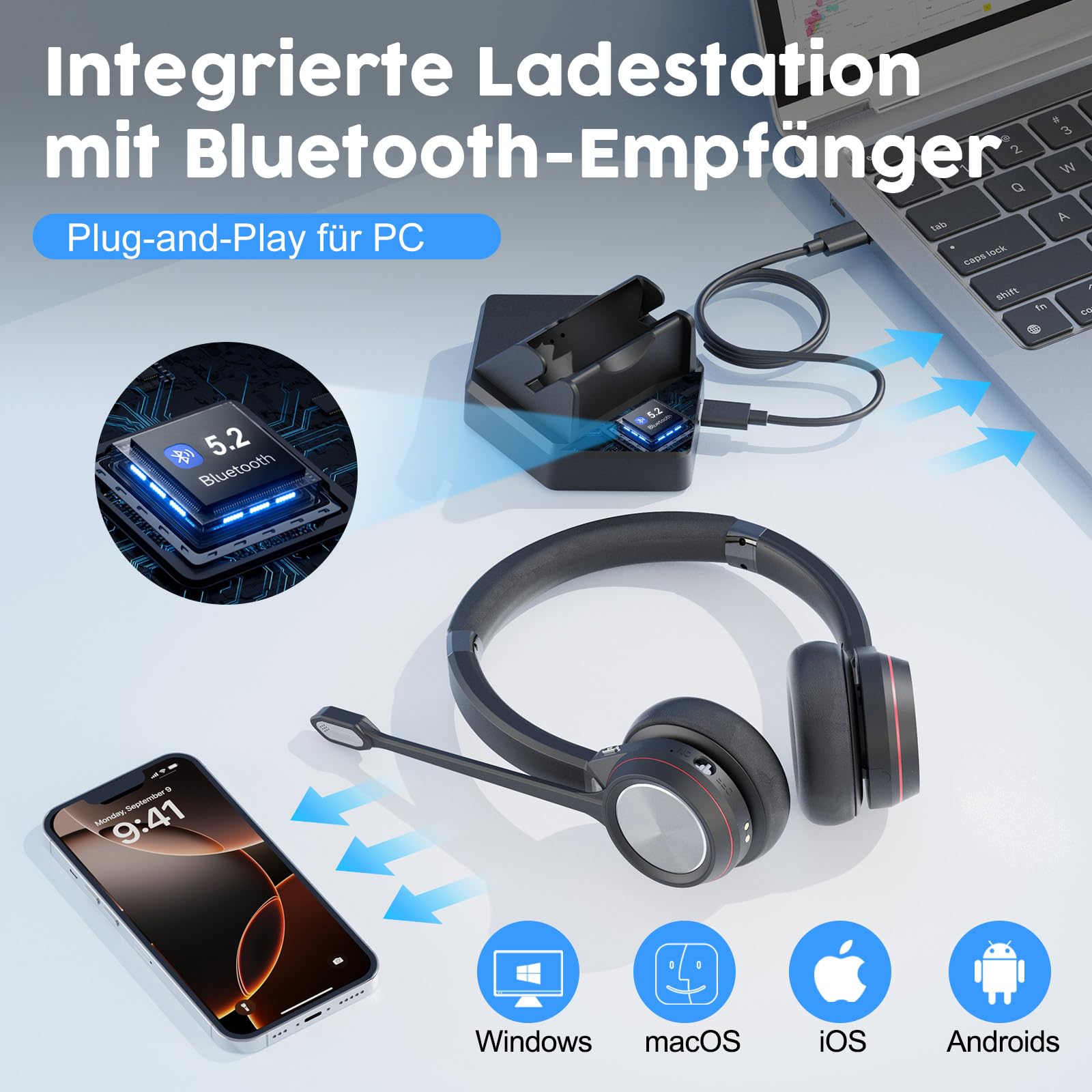Bluetooth Headset mit Mikrofon, Wireless Headset mit USB Dongle Ladestation, Noise Cancelling Mikrofon, 40h Akku, Komfort Büro Headset für PC Laptop Callcenter Home Office Teams Zoom