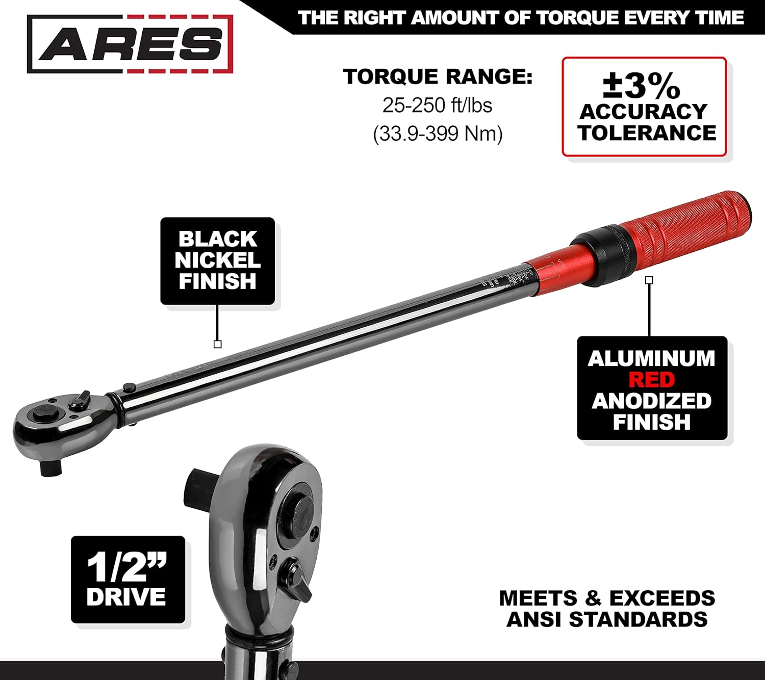 Ares 430131/2Inch Drive Micrometer Torque Wrench Dual Torque Scales
