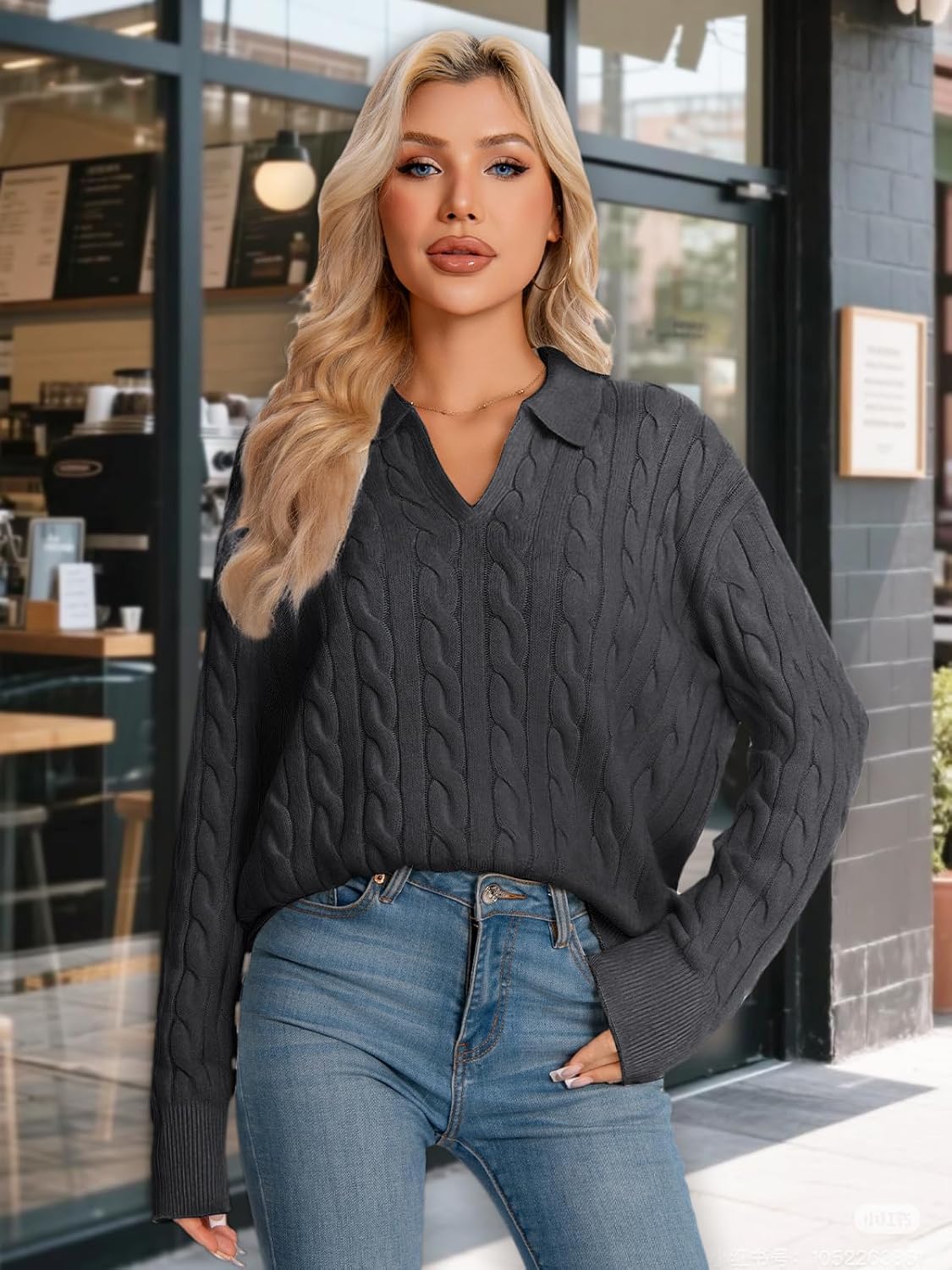 Womens Oversized Cable Knit Sweater Fall Fashion 2026 Lapel V Neck Chunky Pullover Tops Causal Winter Outfits - Image 6