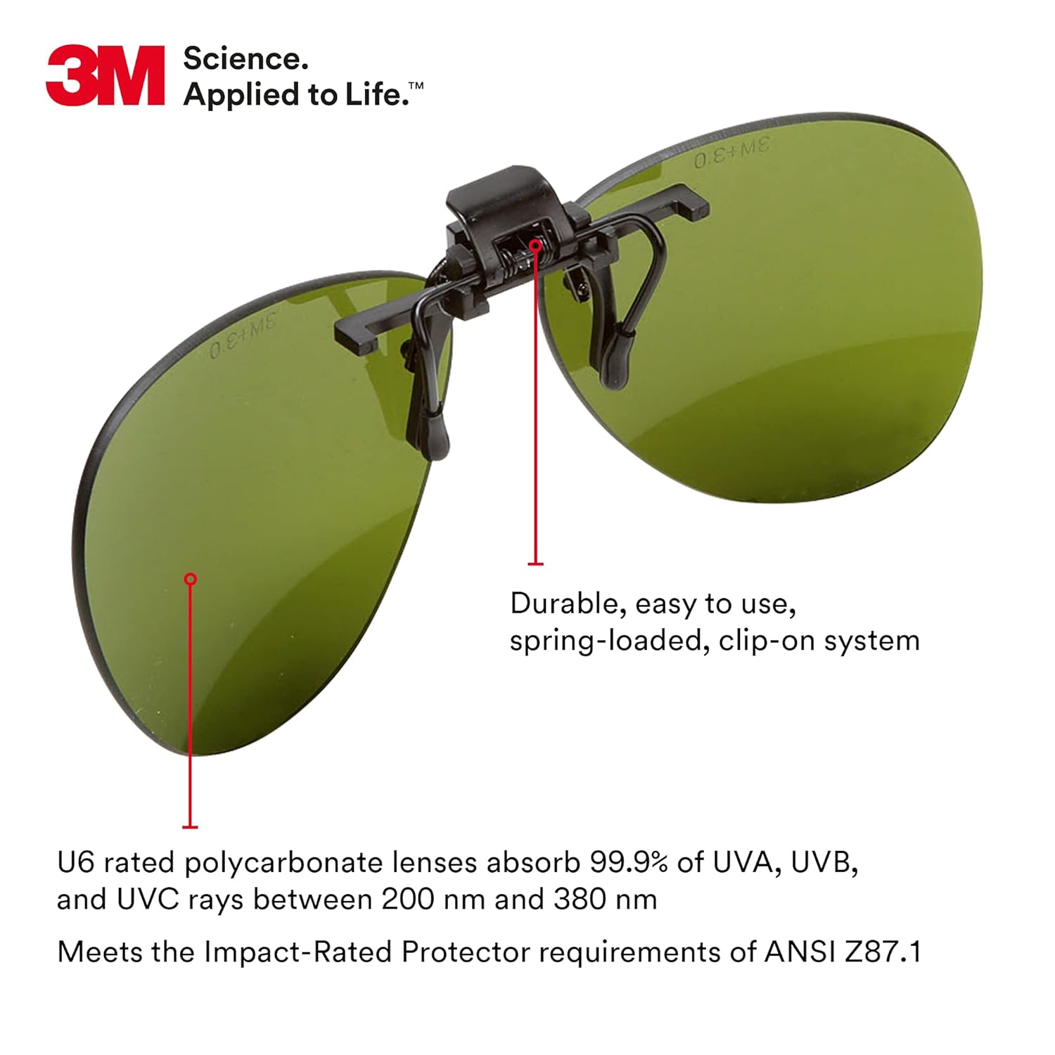 3M Flip-Up Safety Glasses showing features like clip-on system and U6 rated polycarbonate lenses.