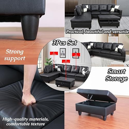 Miniatura 3 de Sofá de cuero negro para sala de estar, juego de sofá de 3 piezas en forma de L con otomana de almacenamiento, sofás seccionales multifuncionales de