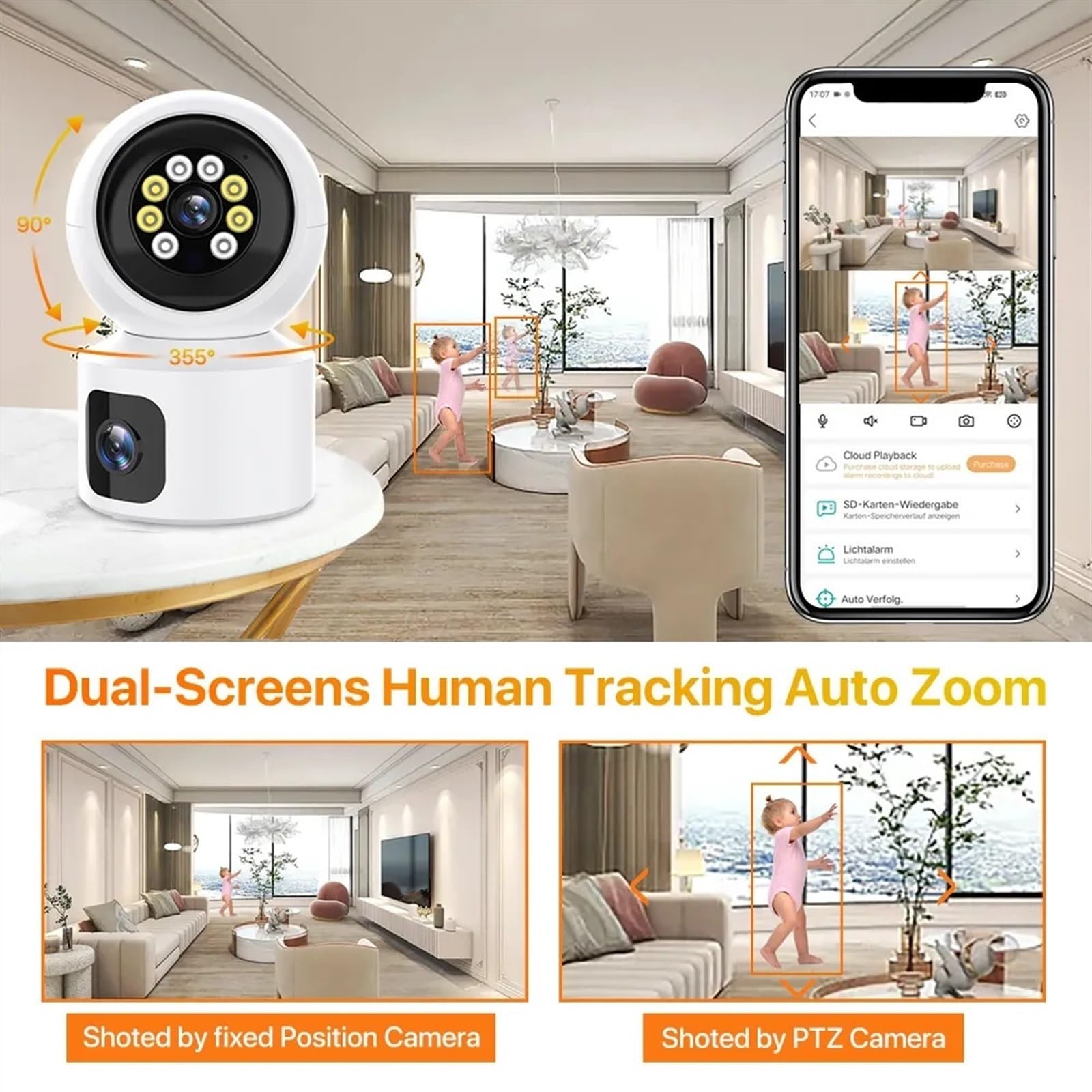 PIRKO 8MP Double Objectif WiFi IP caméra intérieure 4K HD Double écran Maison bébé Moniteur AI détection Humaine Mini caméra PTZ Surveillance de sécurité(Camera Add 32G)