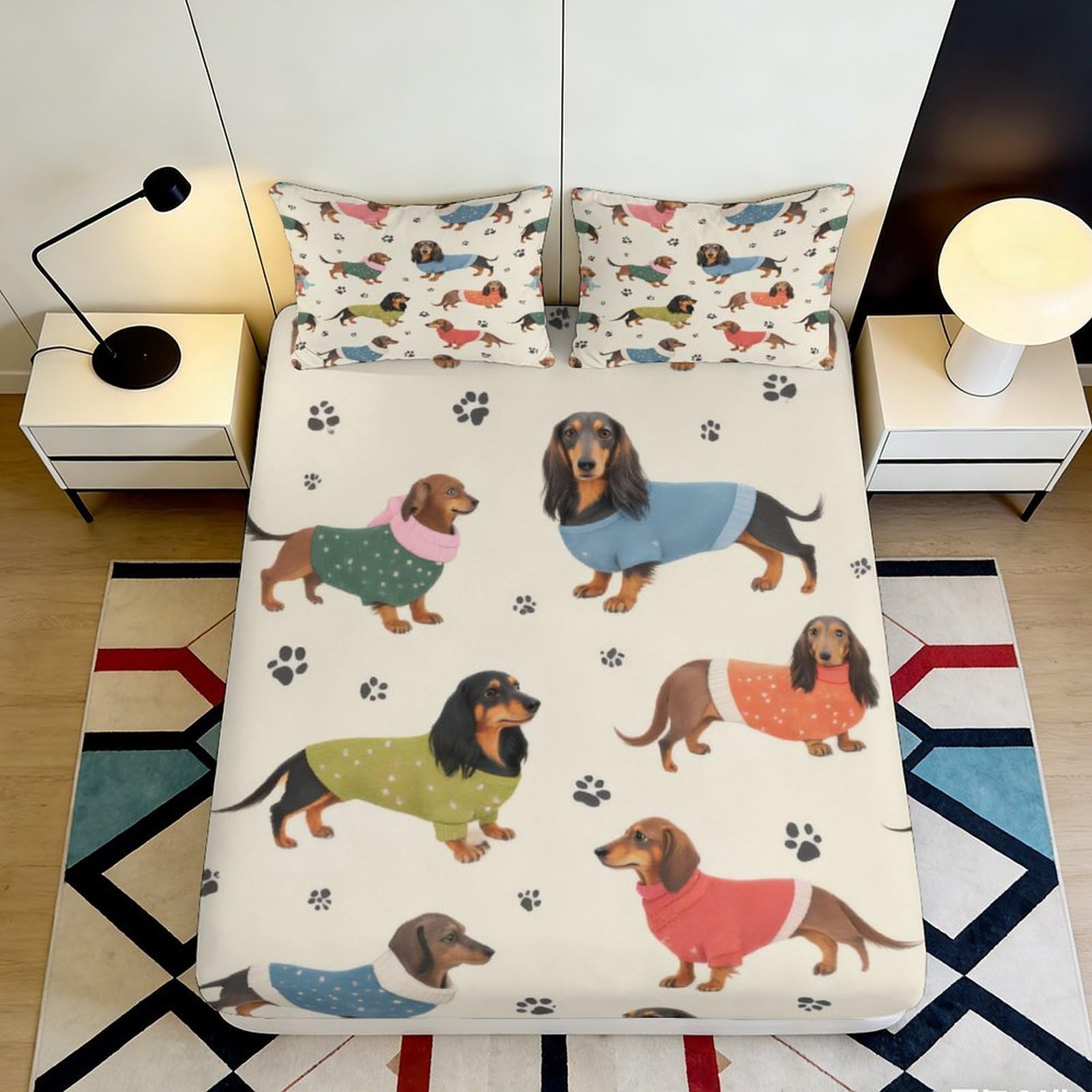 3D Printed Dachshund Pattern Fitted Sheet Microfiber Soft Durable Dog Design Bed Cover for Bedroom Dormitory Guest Room Mattress Protection 180x200x25cm