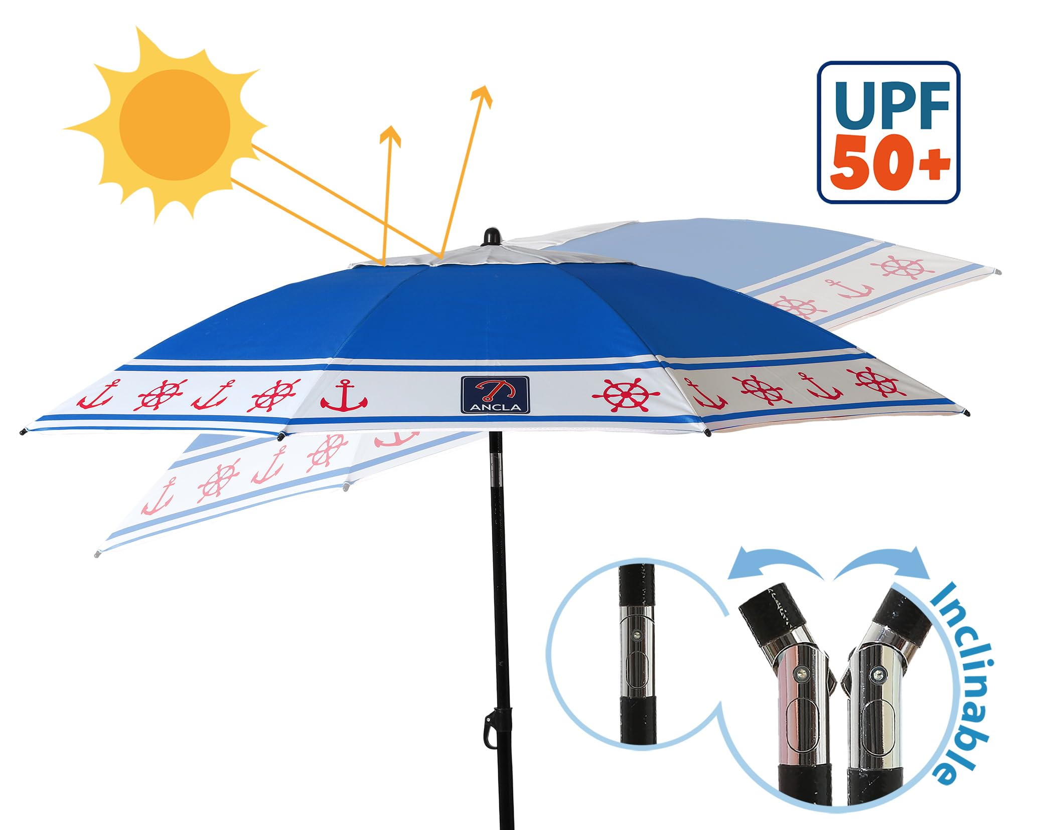Atosa Strandschirm, Ø 200 cm, Aluminium, Modell Anker und Steuerrad, LSF 50+, Blau, blau, 200 cm