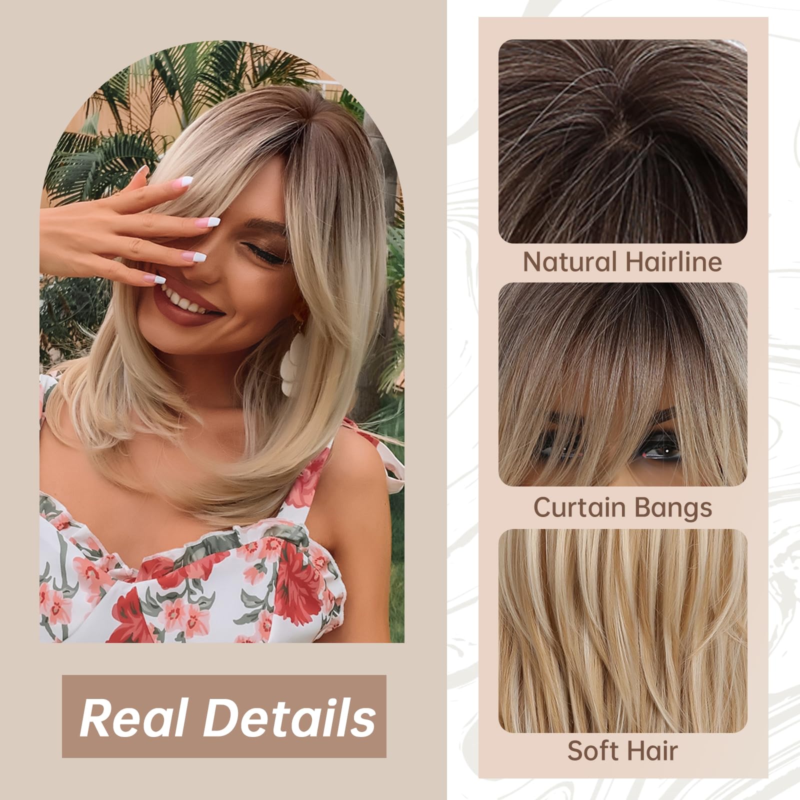 Allbell Mixed Blonde Wig with Fringe for Women Medium Length Layered Blonde Straight Wig with Curtain Bangs Short Wig with Dark Roots Synthetic Heat Resistant Fiber Wigs for Daily Use - Image 3
