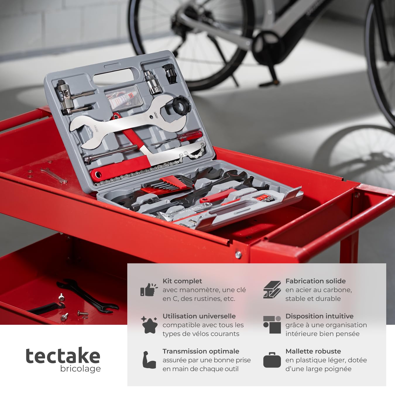 tectake® Kit reparation velo Boite à outils, 50 pcs, Coffret outils complet Accessoires Velo Vtt Vélo de course, Kit réparation pneu Derive chaine Outil pedalier Demonte pneu Accessoires vélo