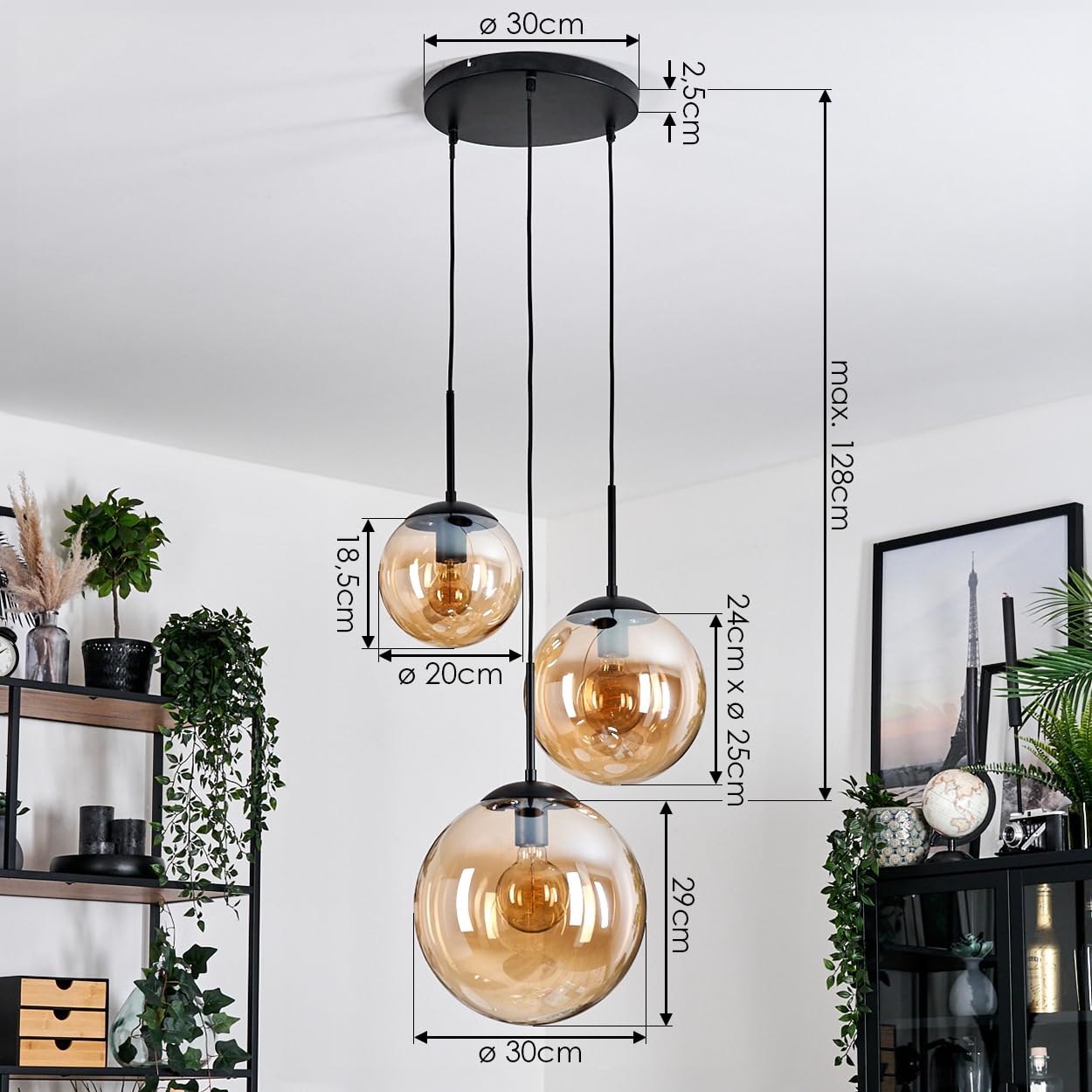 HOFSTEIN Hängeleuchte Gastor, 3-flammige Hängelampe aus Metall/Glas in Schwarz/Bernstein, moderne Pendelleuchte im Retro/Vintage-Design, Ø Schirme 20; 25; 30 cm, E27, Esszimmer, Küche, Wohnzimmer