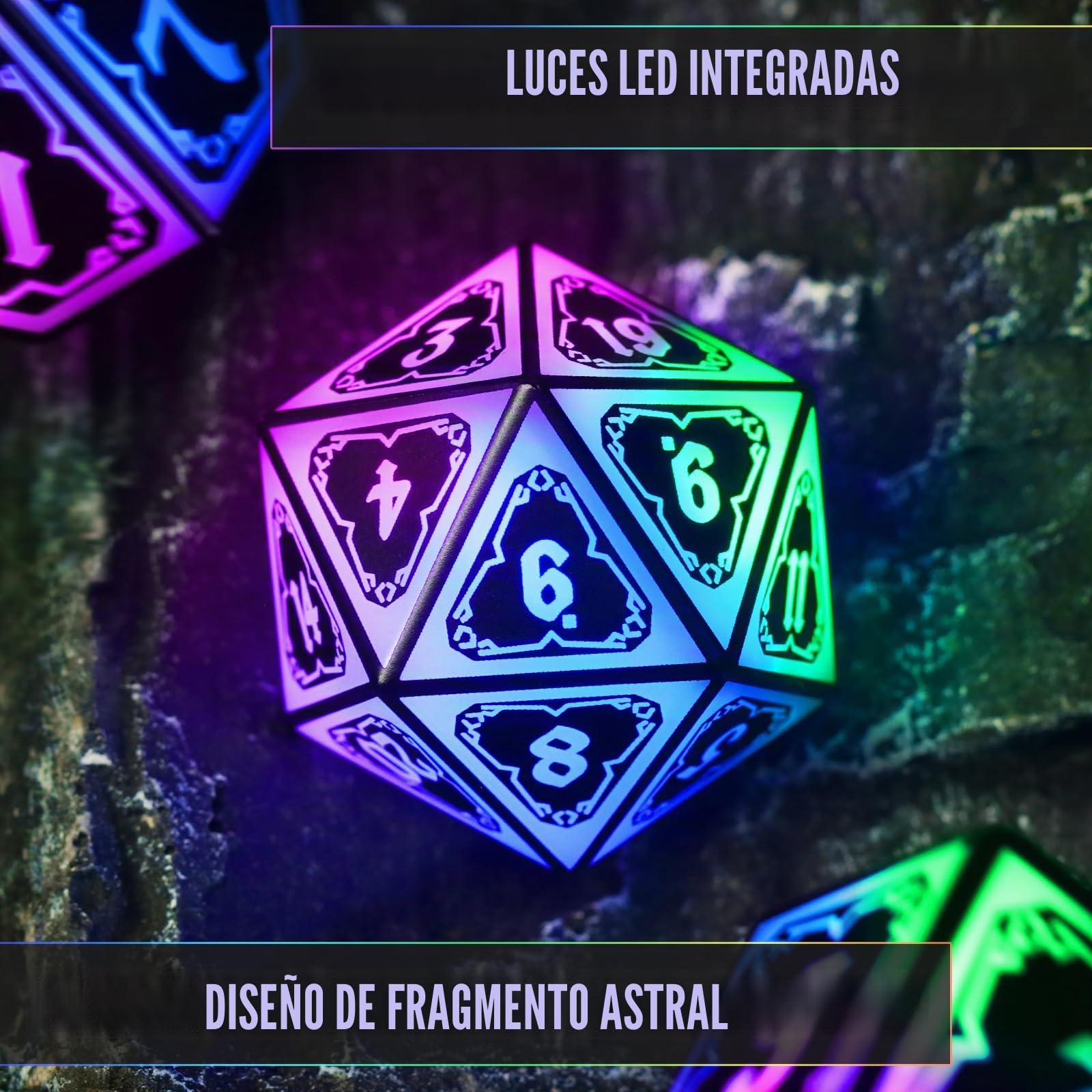 FONVGOGO Dados de rol para Dragones y Mazmorras Dados DND con Iluminación Inalámbrica y Estuche de Carga Dados rol Poliedricos DND Dice Set (Astral Shard Colorido)