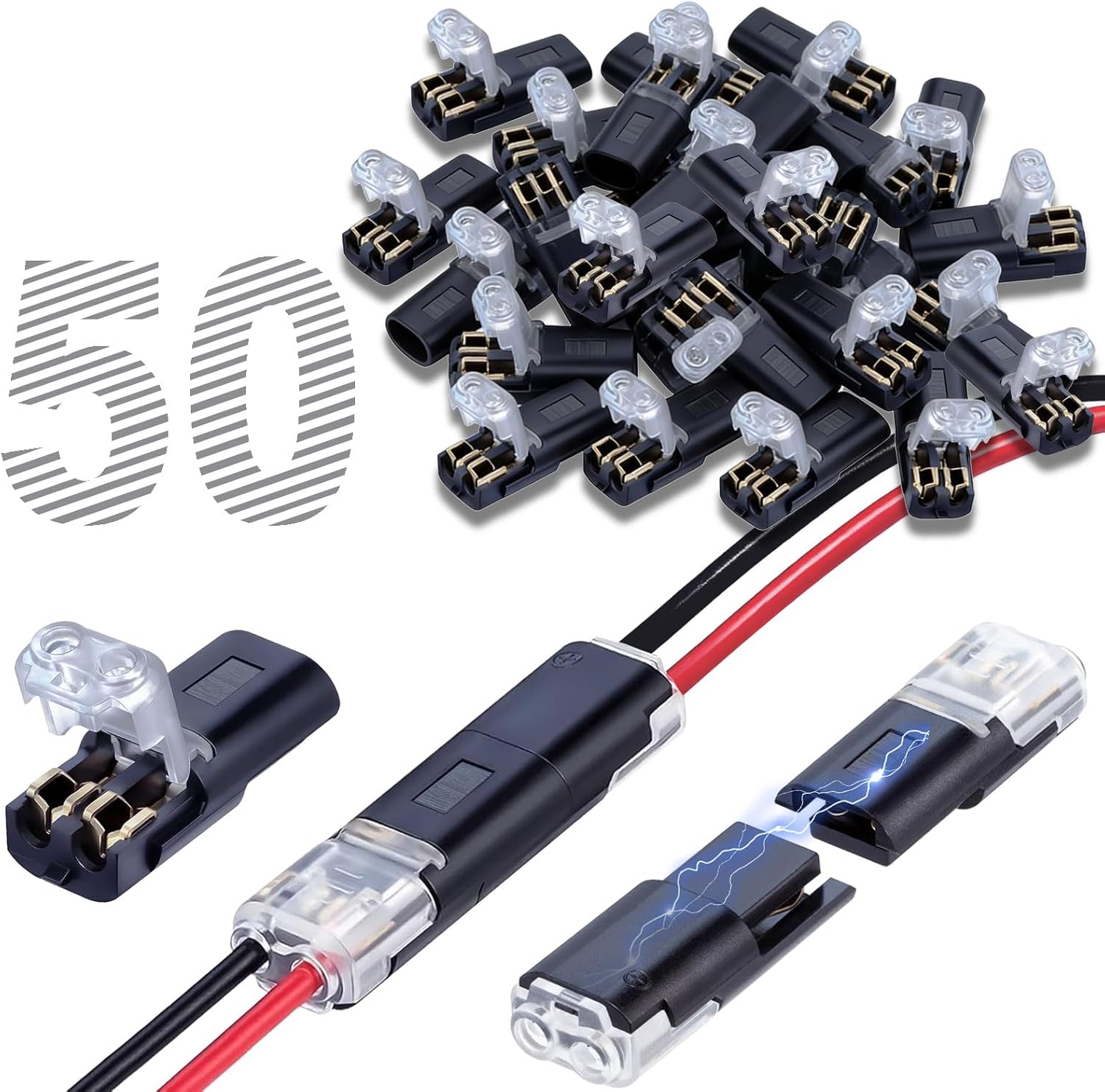 Wire Connectors, 50PCS Double Plug-in Connector with Locking Buckle, Low Voltage 2 Pin LED Light Strip Wire Connector, Quick Connect, No Stripping or Cutting