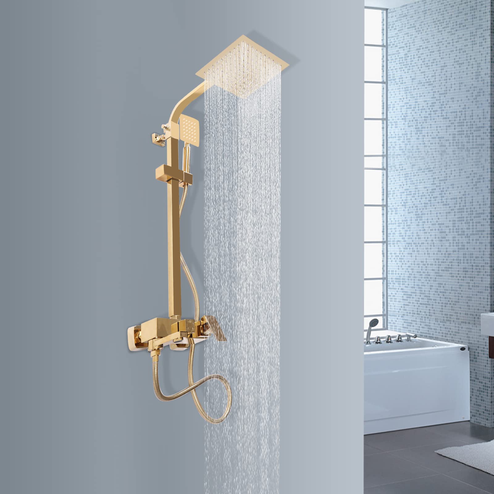 Set doccia in rame in acciaio inox dorato con altezza regolabile (80 – 113 cm) e 2 soffione doccia (pioggia/doccetta) – antiruggine, valvola in ceramica, anti-scottatura, facile da installare per