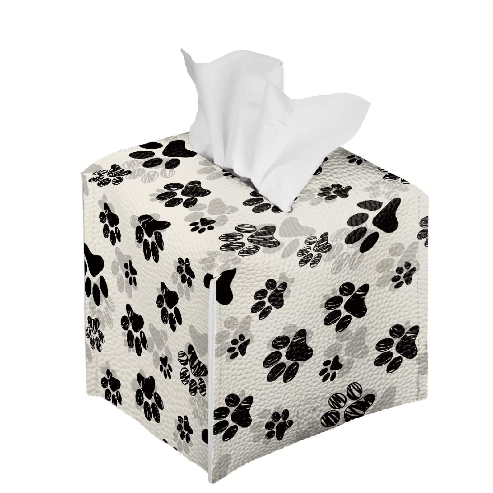 Sellikakes Dog Paw Print Tissue Box Holder Waterproof Napkin Tissues Organizer Leather Xmas Home Decorative Cover Fit Standard Tissue Box for Tabletop Vanity Countertop Night Stand(5.1 * 5.1 * 5.5'')