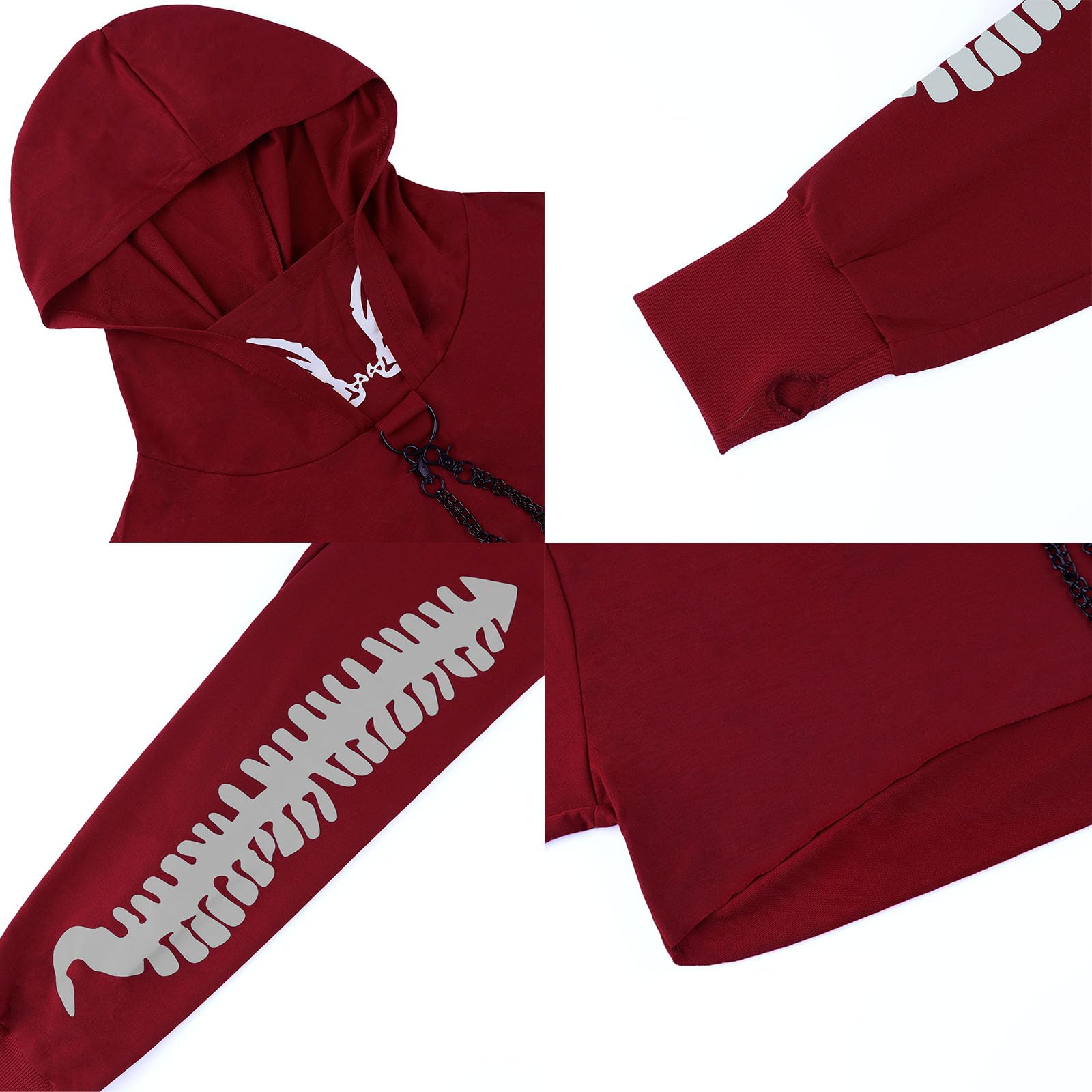 Felpa con cappuccio da donna con stampa riflettente gotica e riflettente crop top pullover felpa con catena da donna gotico punk felpa con cappuccio