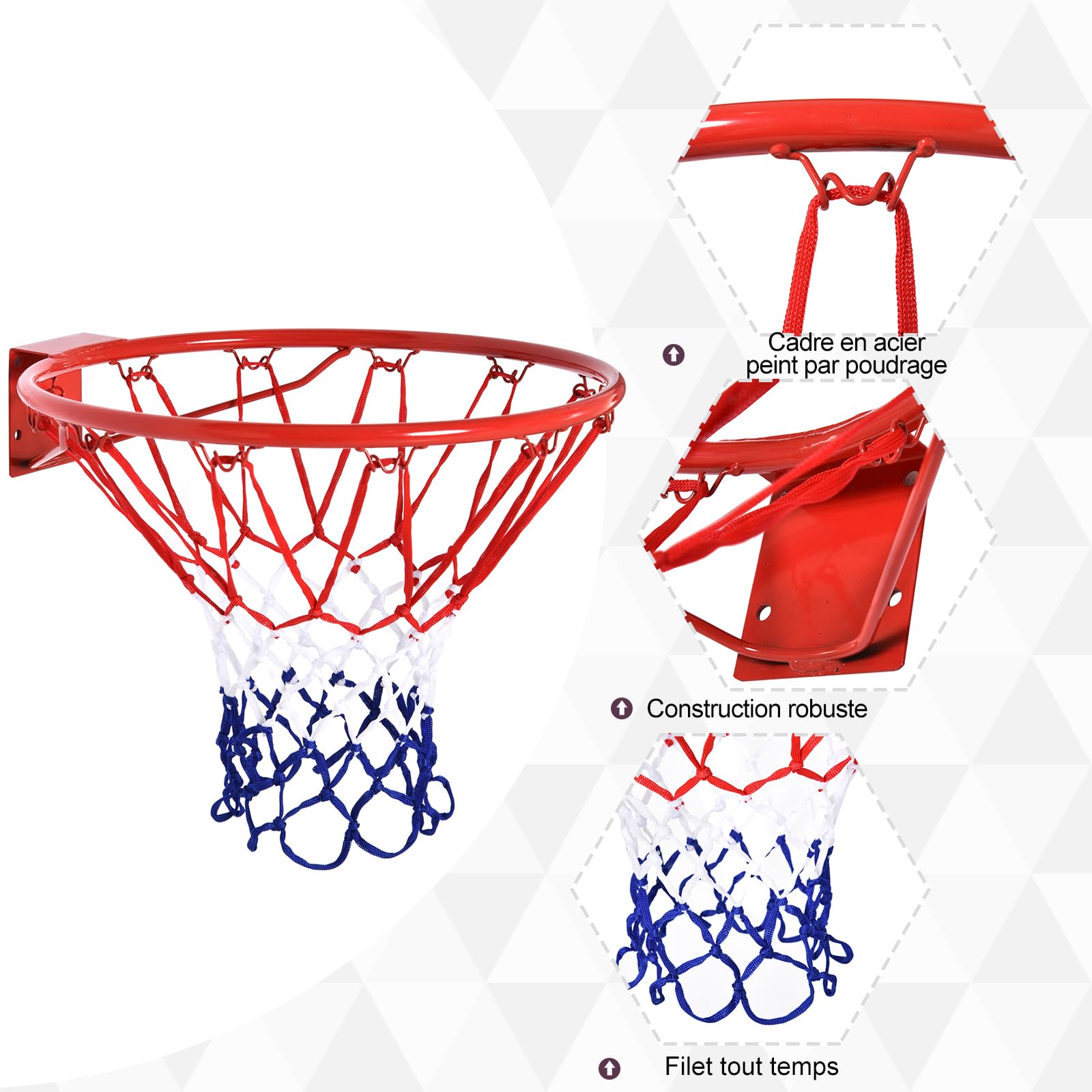 HOMCOM Panier de Basket, Anneau de Basketball avec Filet Ø 46 cm, Support de Basket-Ball Suspendu Mural intérieur et extérieur, Rouge