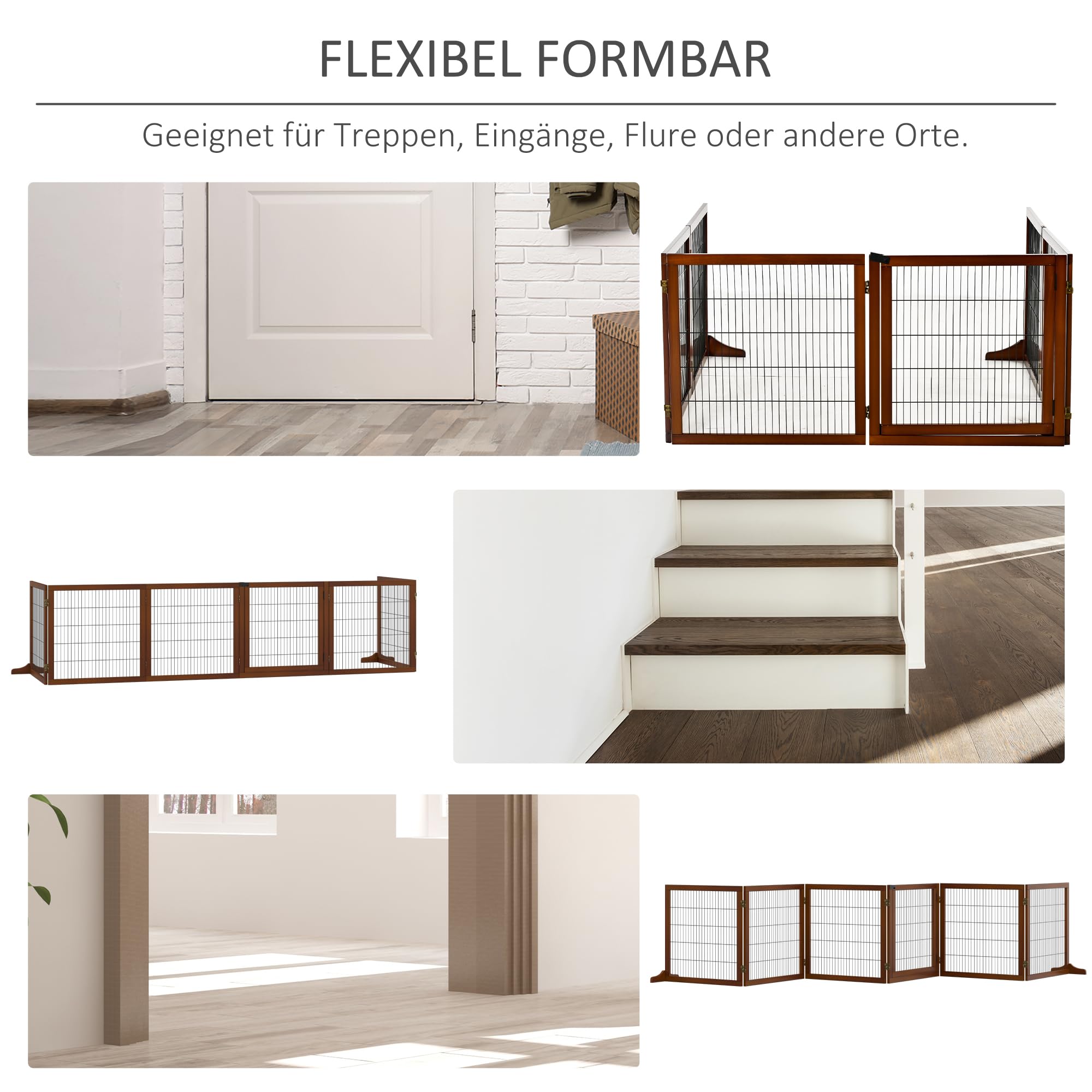 PawHut Barrera para Perros de 6 Piezas, 432 x 70 cm, Puerta de Seguridad Plegable con 2 Patas de Apoyo y Puerta Independiente para Pasillos y Escaleras