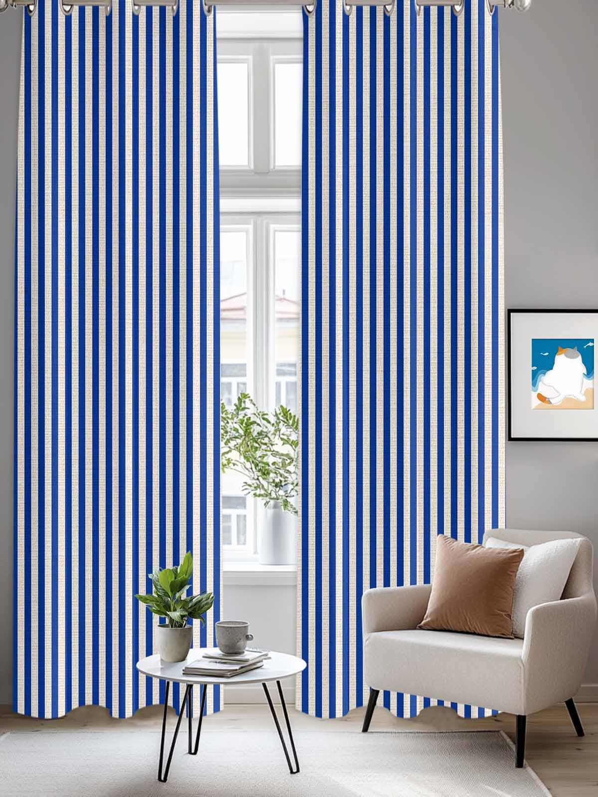 Dark Blue Striped Window Curtains Panels with Silver Grommet,Modern Beige Geometric Country Kitchen Cafe Curtain Draperies Window Treatment Set for Living Laundry Room/Bedroom/Bathroom/Cafe,84x84