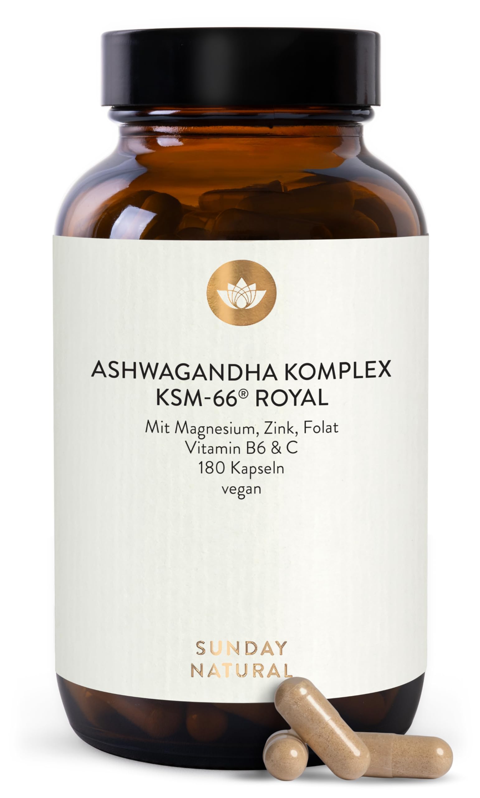 SUNDAY NATURAL® Ashwagandha Komplex KSM-66® Premiumrohstoff – 600 mg Bio Ashwagandha Kapseln je Tagesdosis - 180 Kapseln mit Magnesium, Zink & Vitamin B6 - Laborgeprüft, vegan