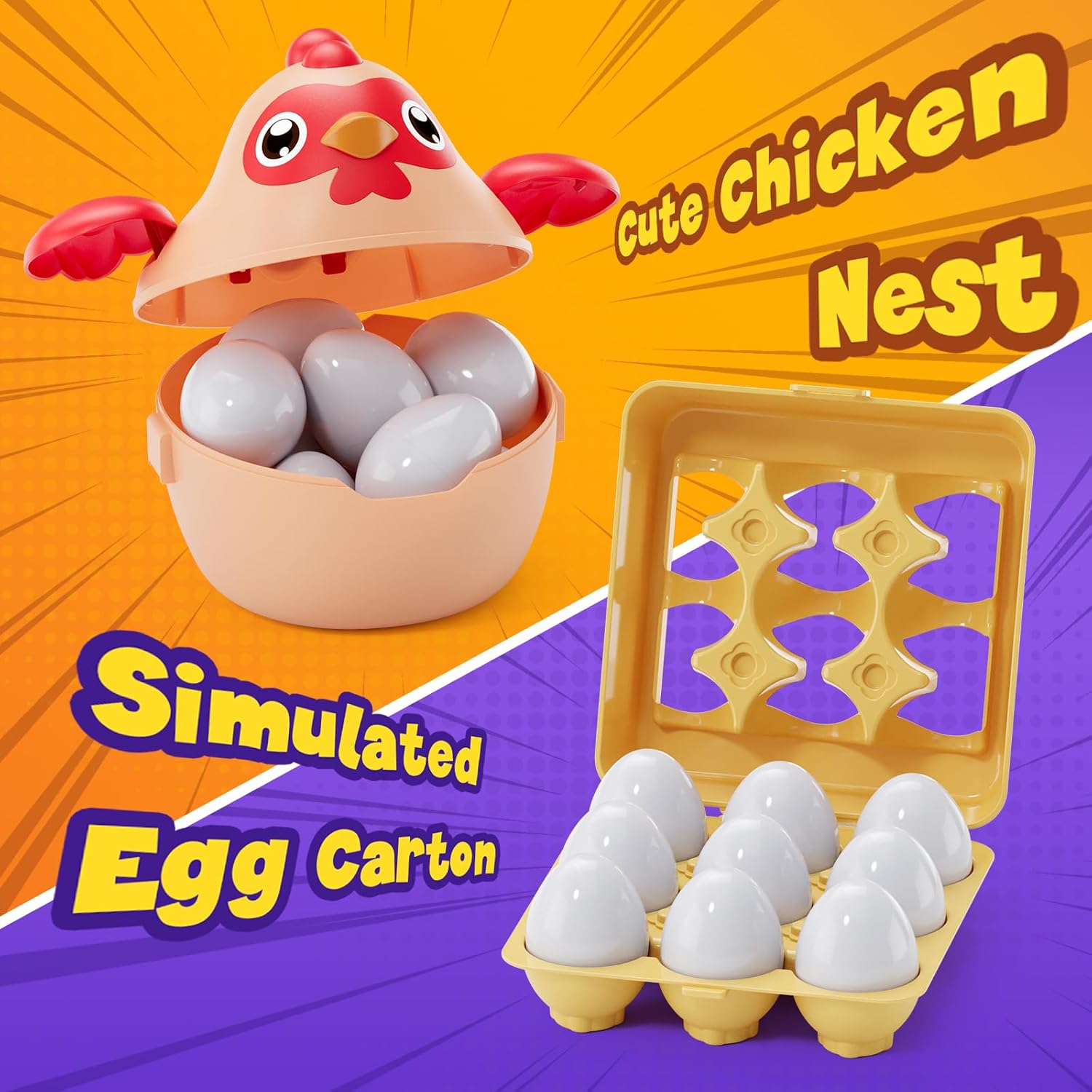 Egg Toys for Toddlers 1-3, 24PCS Matching Eggs Shape Sorting Toy, Montessori Sensory Chicken Toys, Geometric Color Stacking Block Easter for Baby Boys Girls