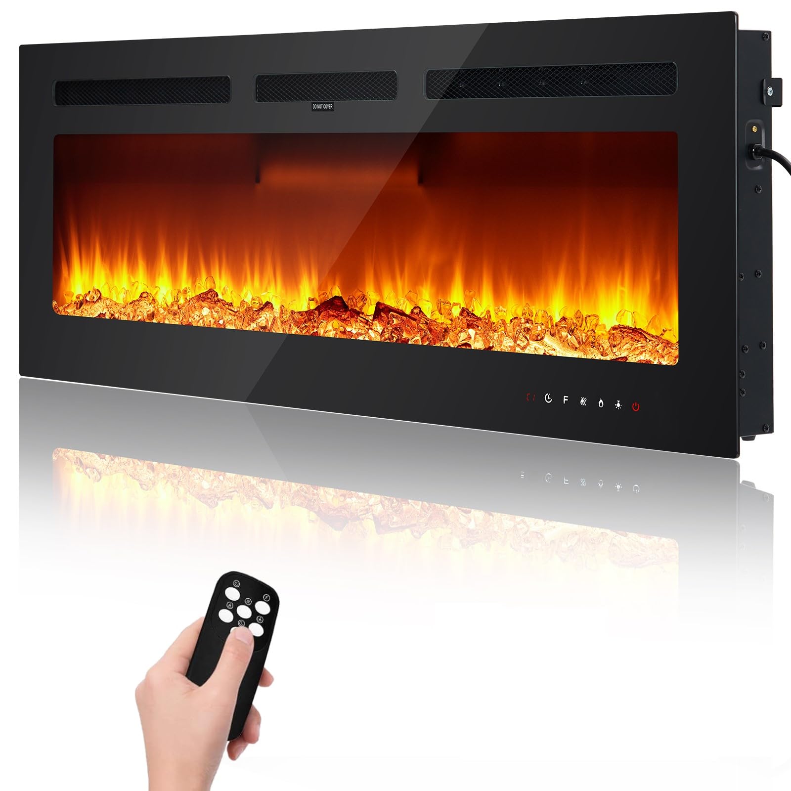 A modern living room with the GARVEE electric fireplace recessed into a stone feature wall below a television.