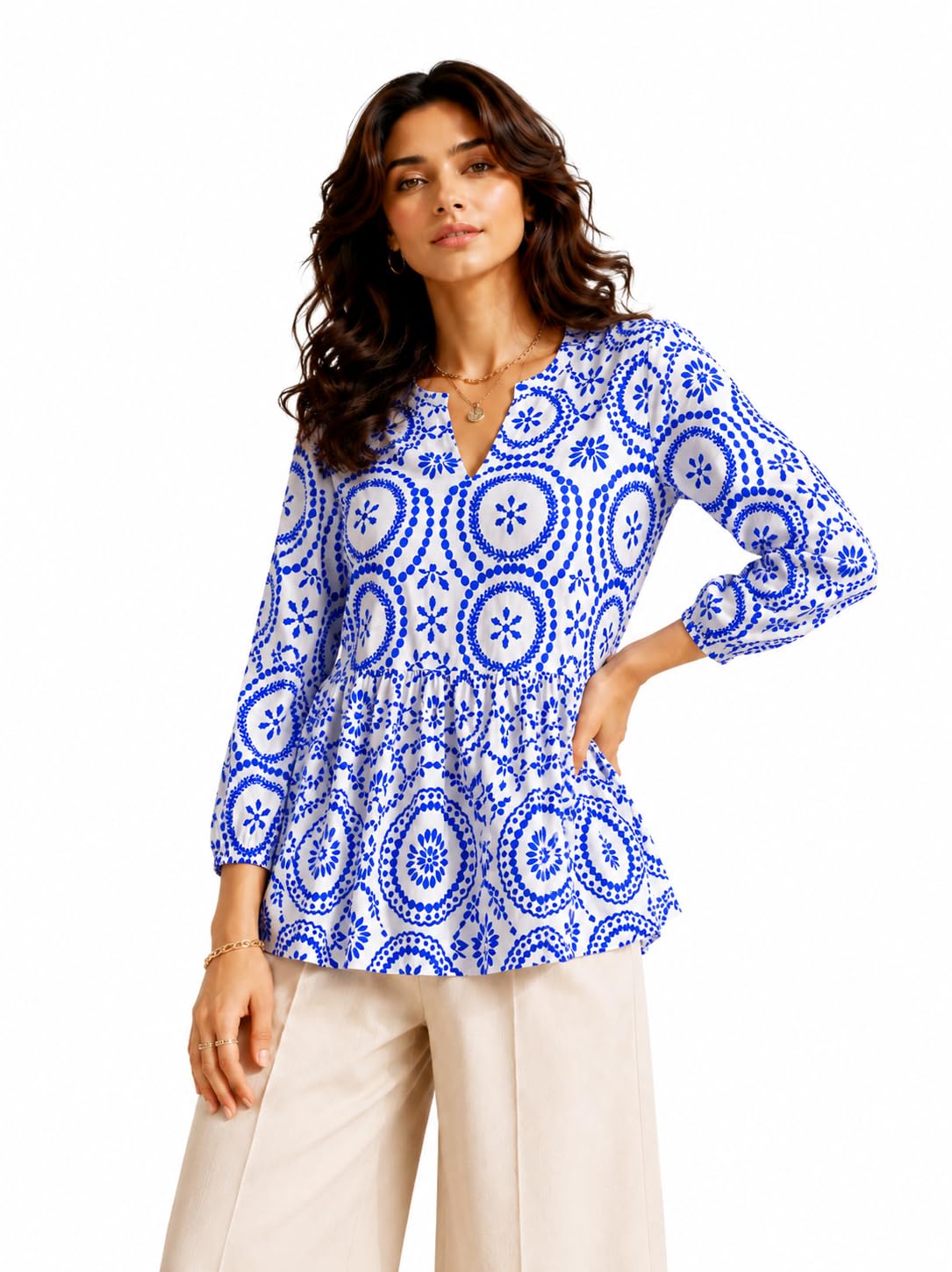 zilcon Women's White Printed Peplum Top | V-Neck | 3/4 Sleeves | Casual Cotton Blend Top-picture-26