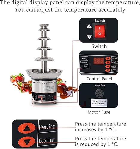 Miniatura 4 de Helikim Máquina de cascada de chocolate de 4567 niveles, máquina de fuente de fondue de chocolate caliente con control de temperatura, calentador de