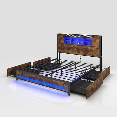 Miniatura 8 de Base de cama Queen con cajones de almacenamiento y cabecera de estantería, marco de cama LED tamaño Queen con puertos tipo C y USB, cama de