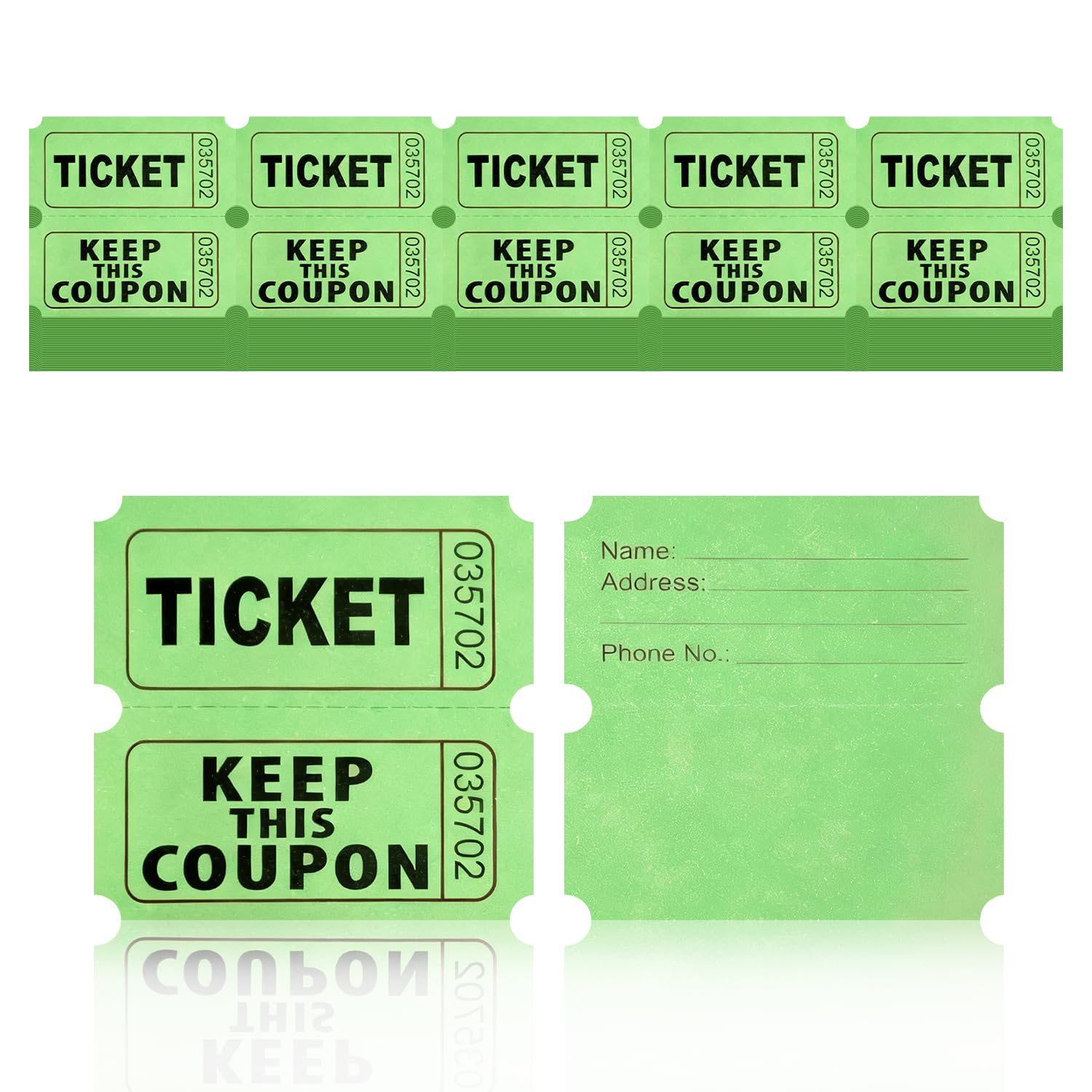 200PCS Double Roll Raffle Tickets-50/50 Raffle Tickets with Perforated Lines and Sequential Numbering Suitable for Raffles Carnivals Admission Tickets Lotteries and Prizes (Green 200pcs)