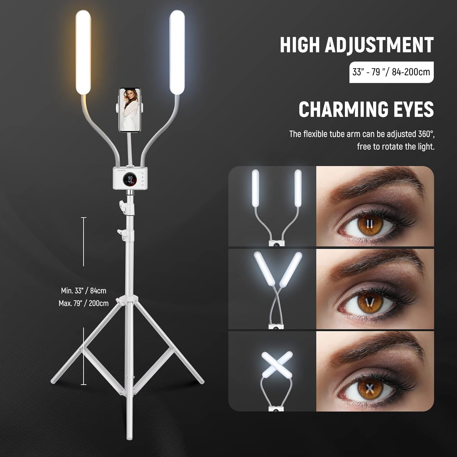 Neewer Lumière d'Esthéticienne avec Support Téléphone et Kit de Sac de Voyage, Lampe Photo LED Cils avec 2,4G/PC/Mac et Contrôle Séparé de 2 Bâton Lumineux, CRI98+, Eclairage pour Tatouage/Beauté