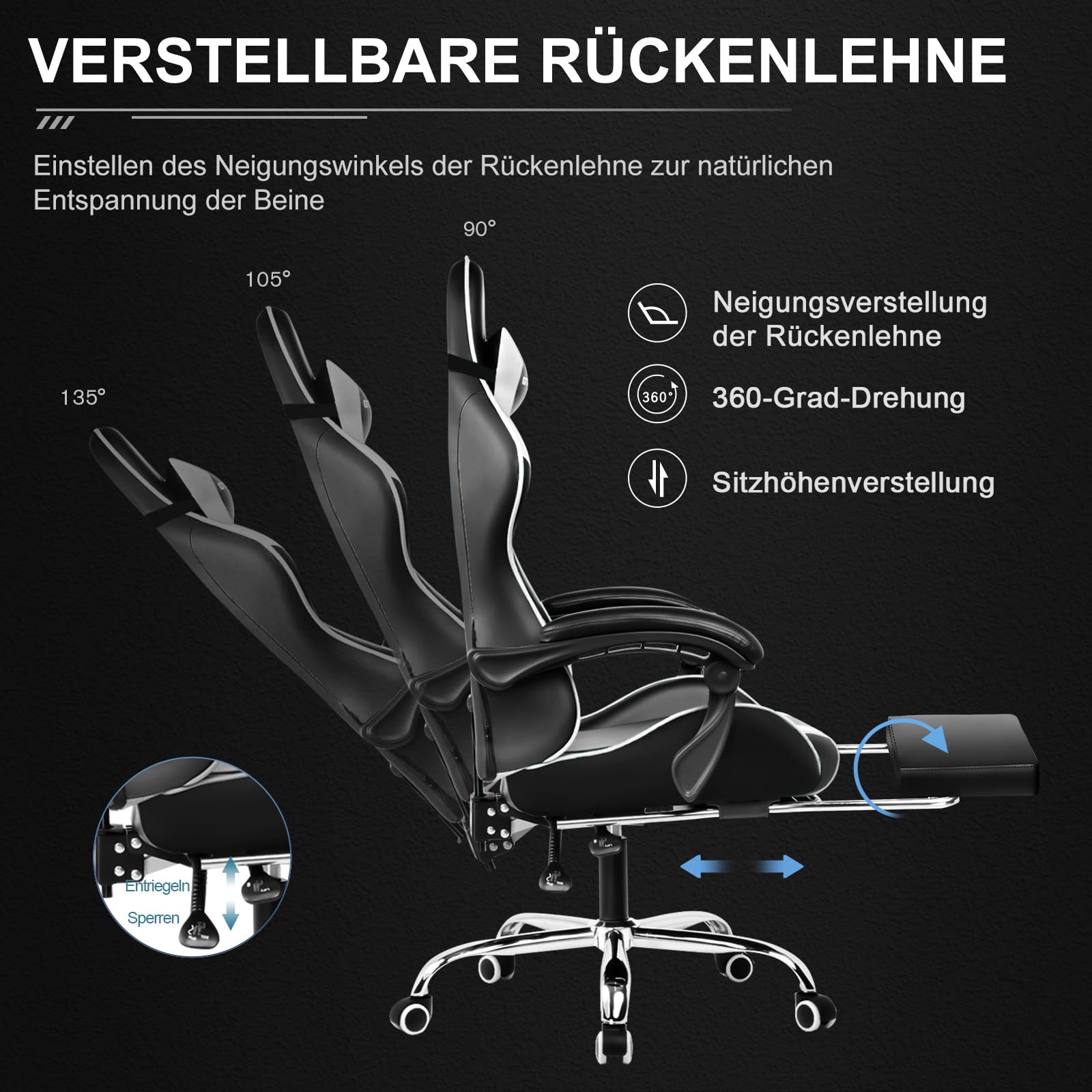 GTPLAYER Gaming Stuhl Bürostuhl Massage Gaming Sessel Ergonomisch mit Fußstütze, Massage-Lendenkissen, 150KG, weiß