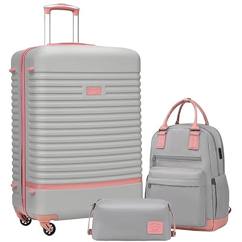 COOLIFE Suitcase Trolley Carry On Hand Cabin Luggage Hard Shell Travel Bag Lightweight with TSA Lock,The Suitcase Included 1pcs Travel Backpack and 1pcs Toiletry Bag (Pink/Grey, 28 Inch Luggage Set) - 28 Inch Luggage Set - Pink/Grey
