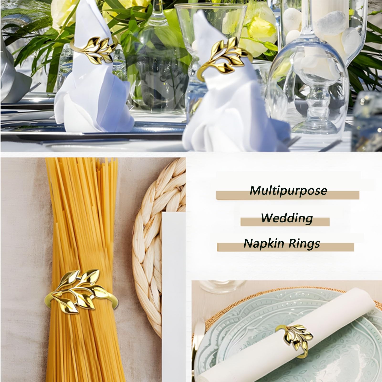 Lot de 300 Ronds de Serviette en métal doré en Forme de Feuille, pour Tables Formelles et décontractées, Mariages, Noël et fêtes(B)