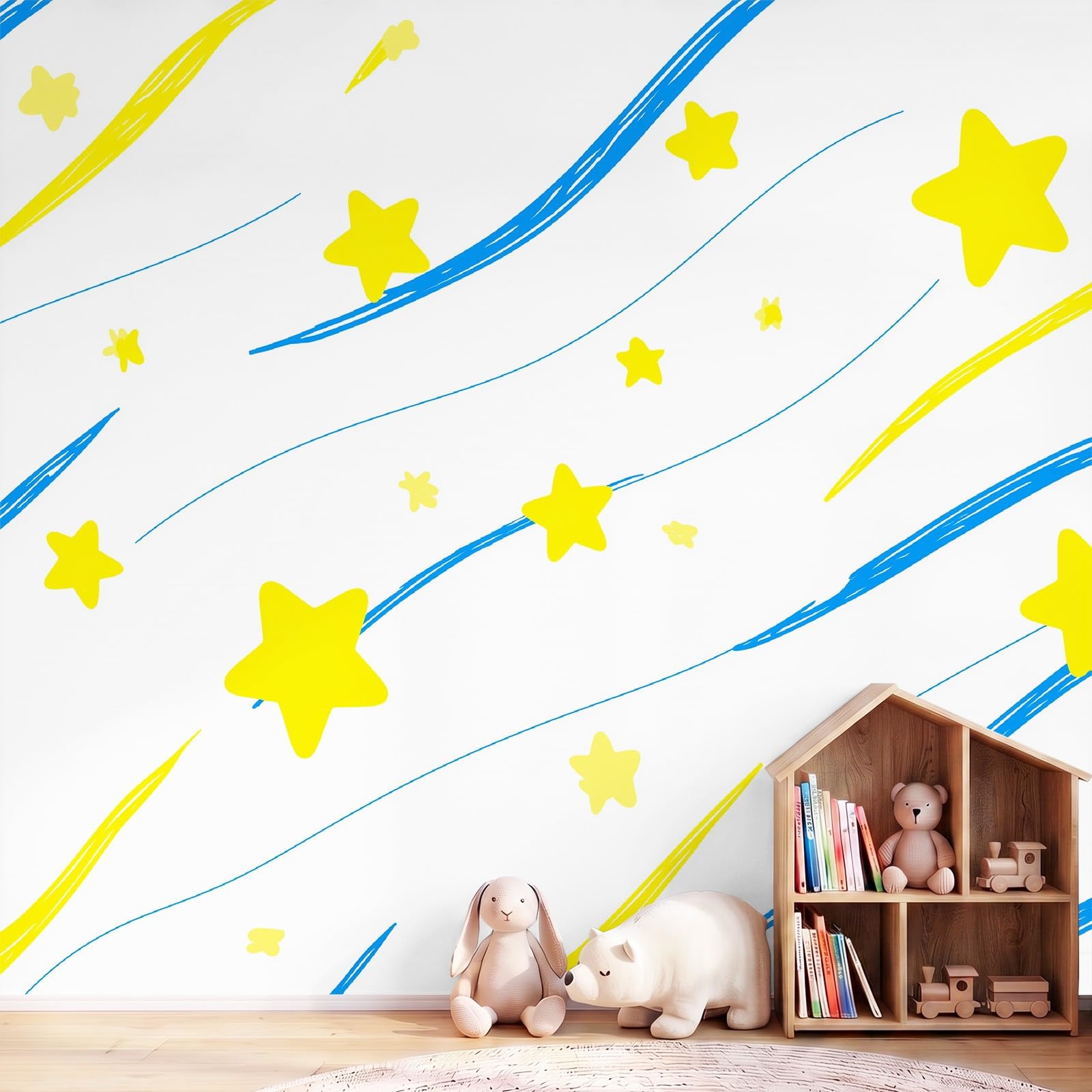 Tapeta mural panoramiczny 200 x 140 cm, minimalna dziecięca, jasna fototapeta do pokoju dziecięcego, pokoju gier, gwiazdy, niebieskie linie, prosta włóknina, okrycie pokoju, dekoracja, biała