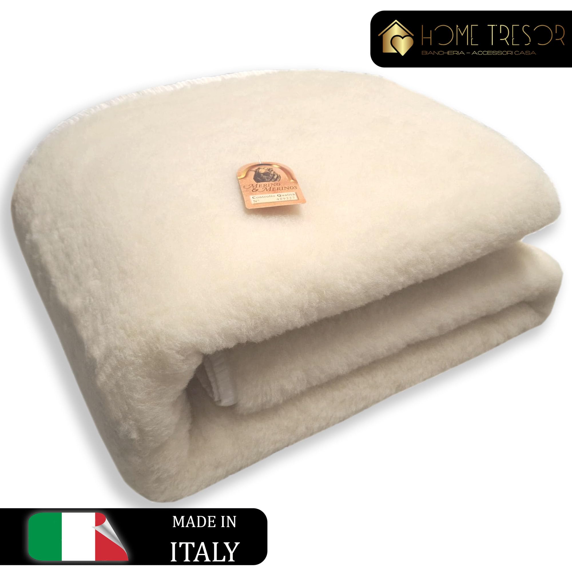 Home Tresor - Coprimaterasso Matrimoniale Pura Lana Vergine Merinos Calda e Confortevole Topper Proteggi Materasso Invernale Divano Letto Due Piazze 160/170 x 190 cm Made in Italy
