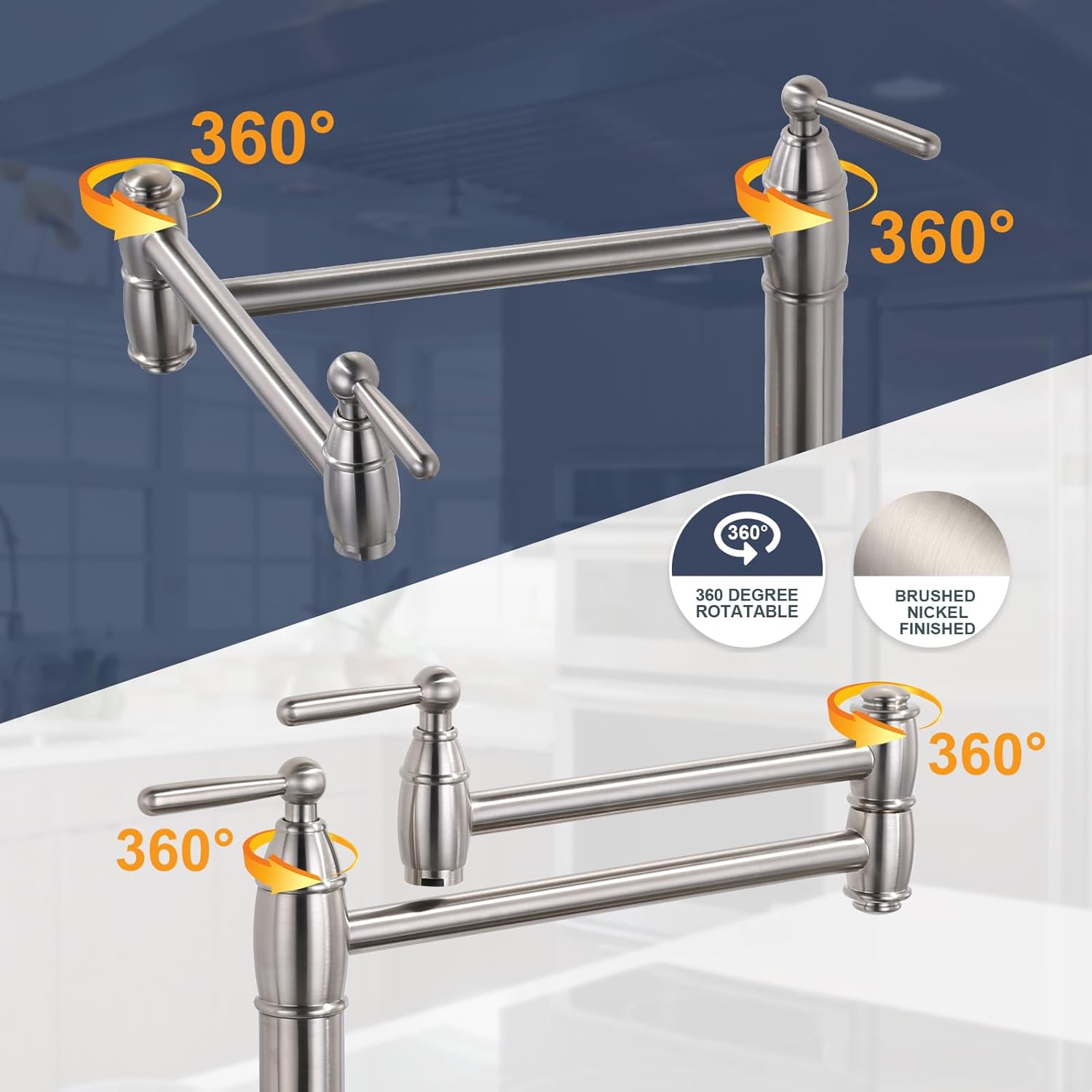 Brushed Nickel Double Handle Deck Mount Pot Filler Faucet