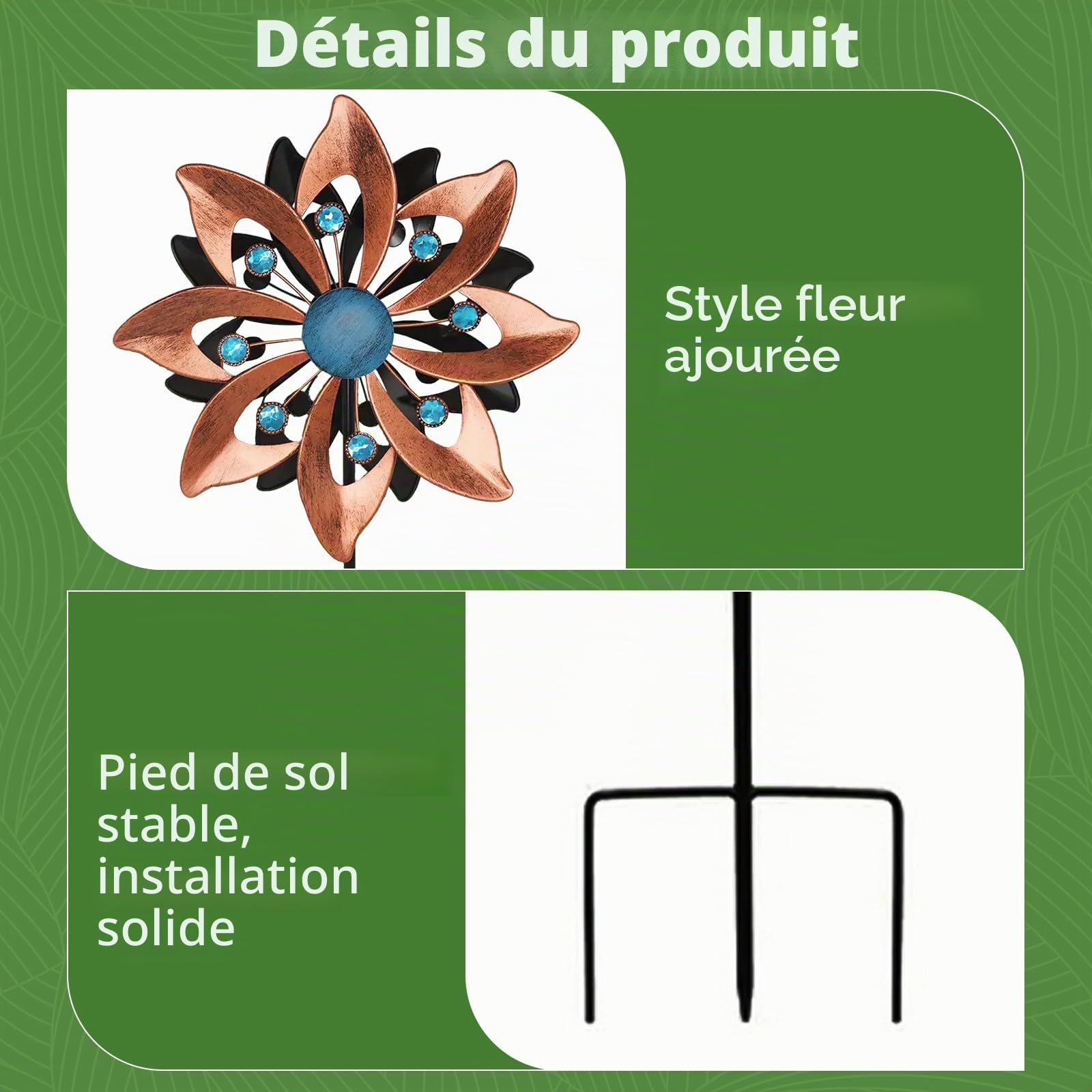 Carillon éolien de jardin - 145 cm - Couleur laiton - En métal - Moulin à vent cinétique 3D - Pour terrasse, pelouse et décoration de jardin