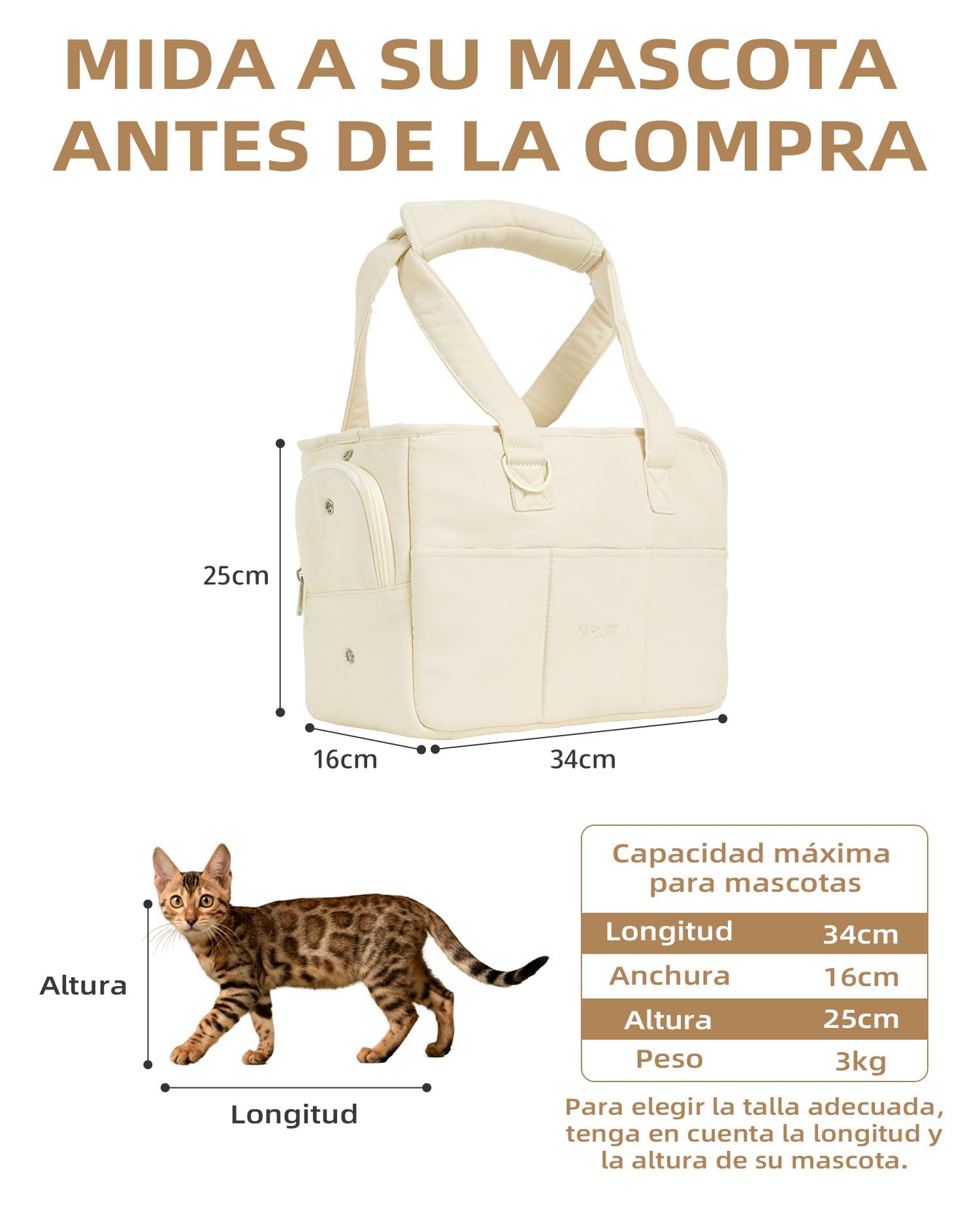 ONECUTE Transportín para Perro y Gato, Bolsa Transporte Plegable para Mascotas Pequeñas, Viajes Cómodos, Soporta 3 kg (Small, Beige)